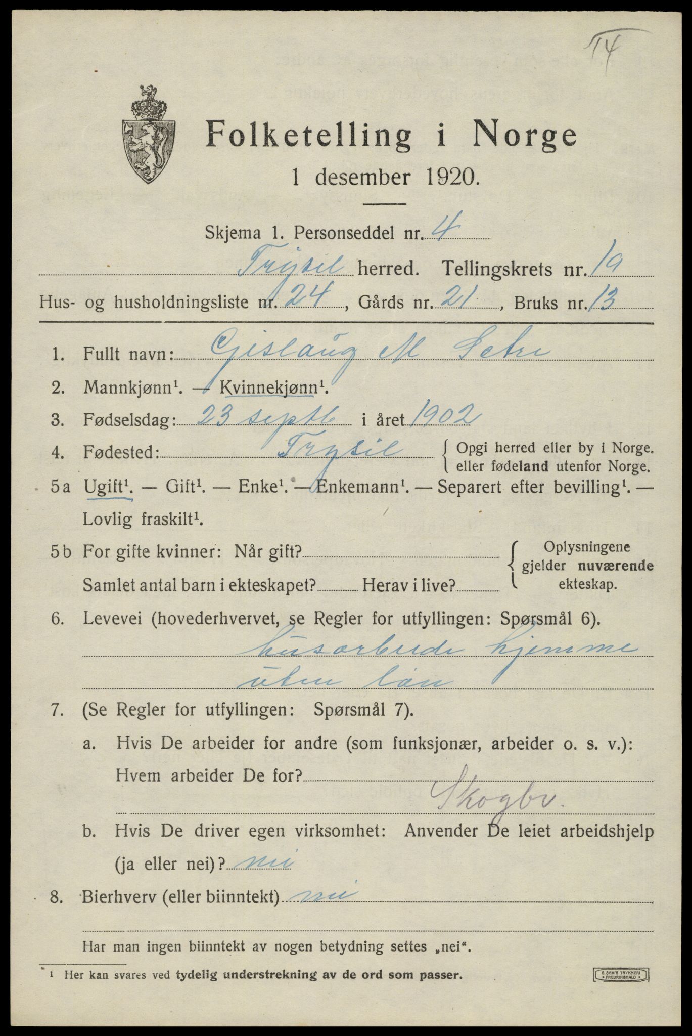SAH, Folketelling 1920 for 0428 Trysil herred, 1920, s. 13007