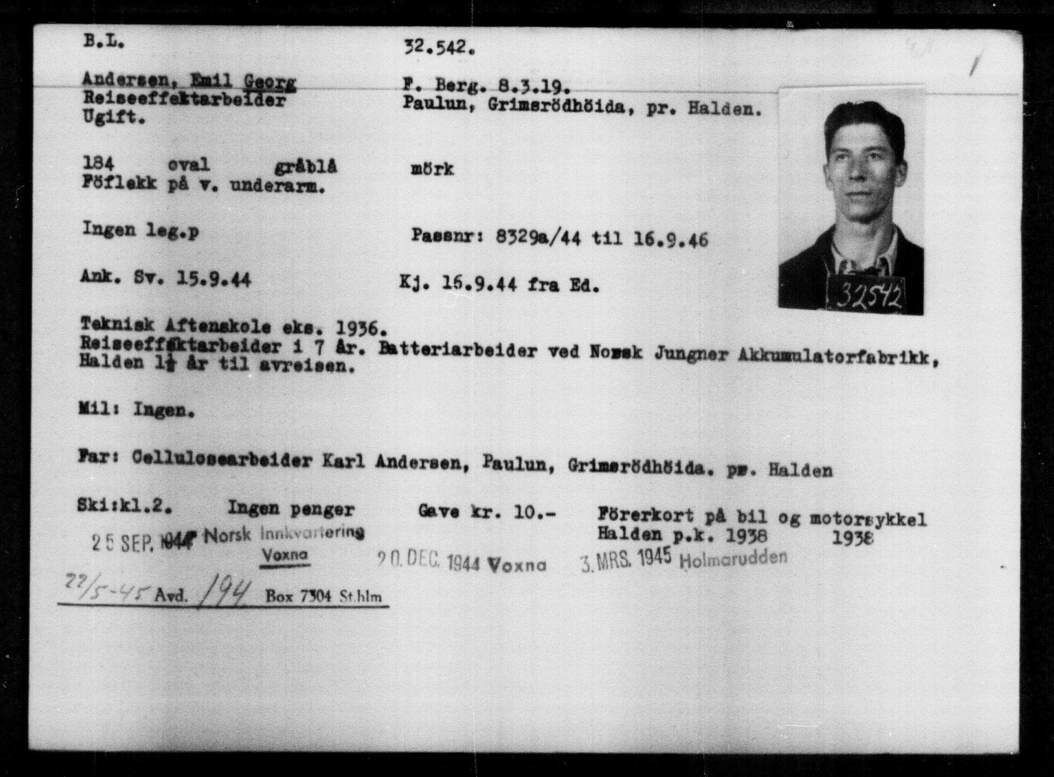 Utenriksstasjonene, Legasjonen i Stockholm, Flyktningkontoret, AV/RA-S-6753/V/Va/L0013: Kjesäterkartoteket, flyktninger med registreringsnr. 31500-34731, 1940-1945, s. 1098