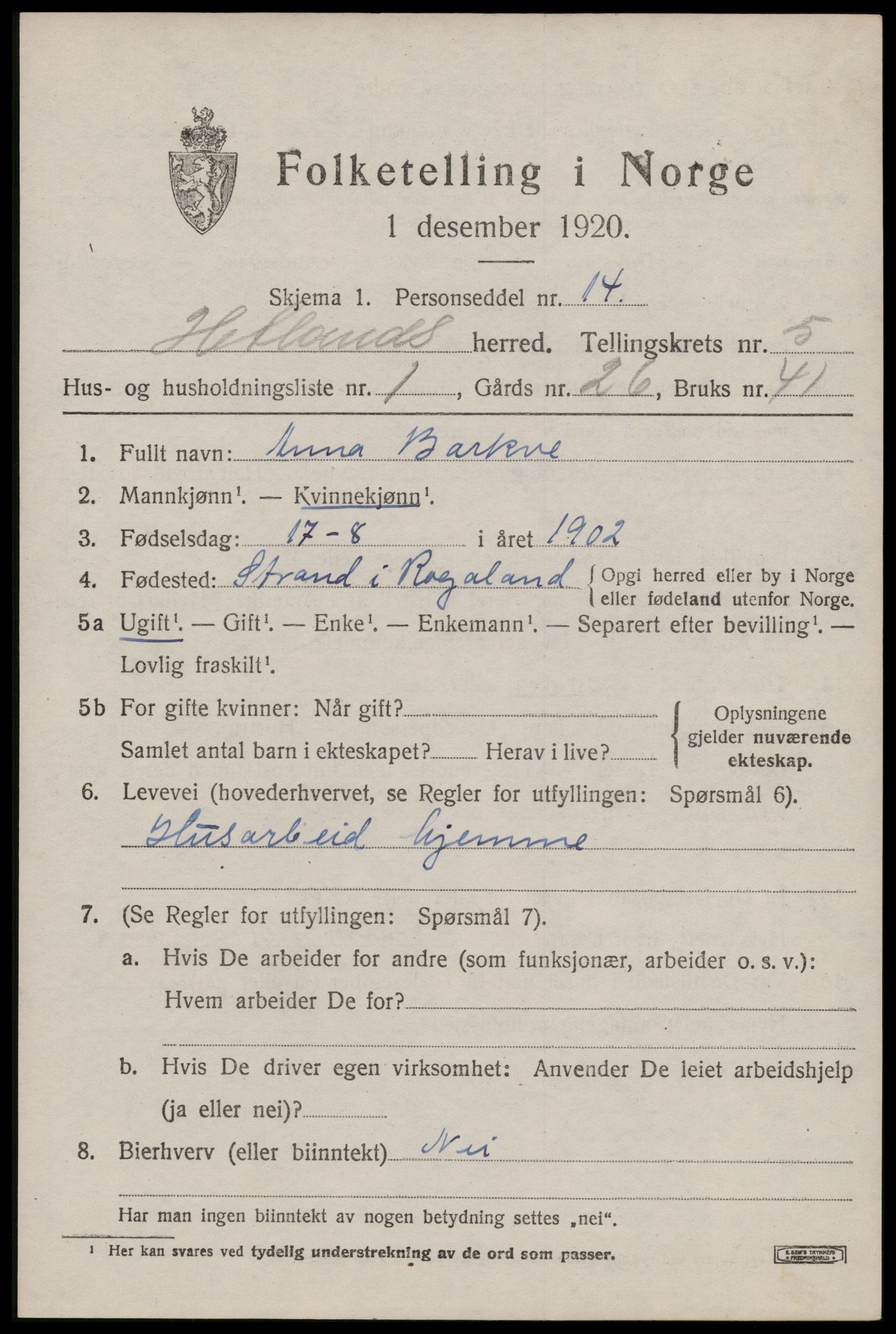 SAST, Folketelling 1920 for 1126 Hetland herred, 1920, s. 8179