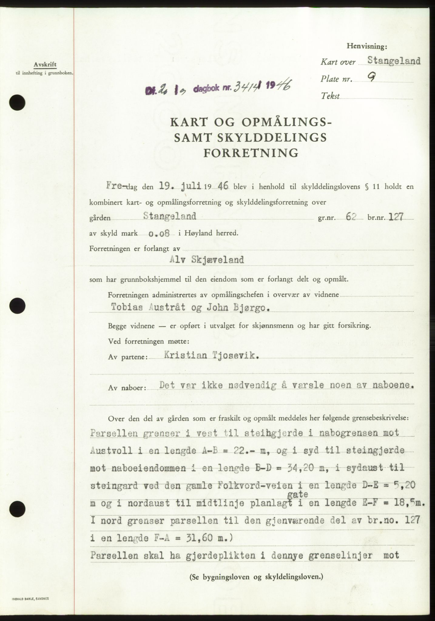 Jæren sorenskriveri, SAST/A-100310/03/G/Gba/L0091: Pantebok, 1946-1946, Dagboknr: 3414/1946
