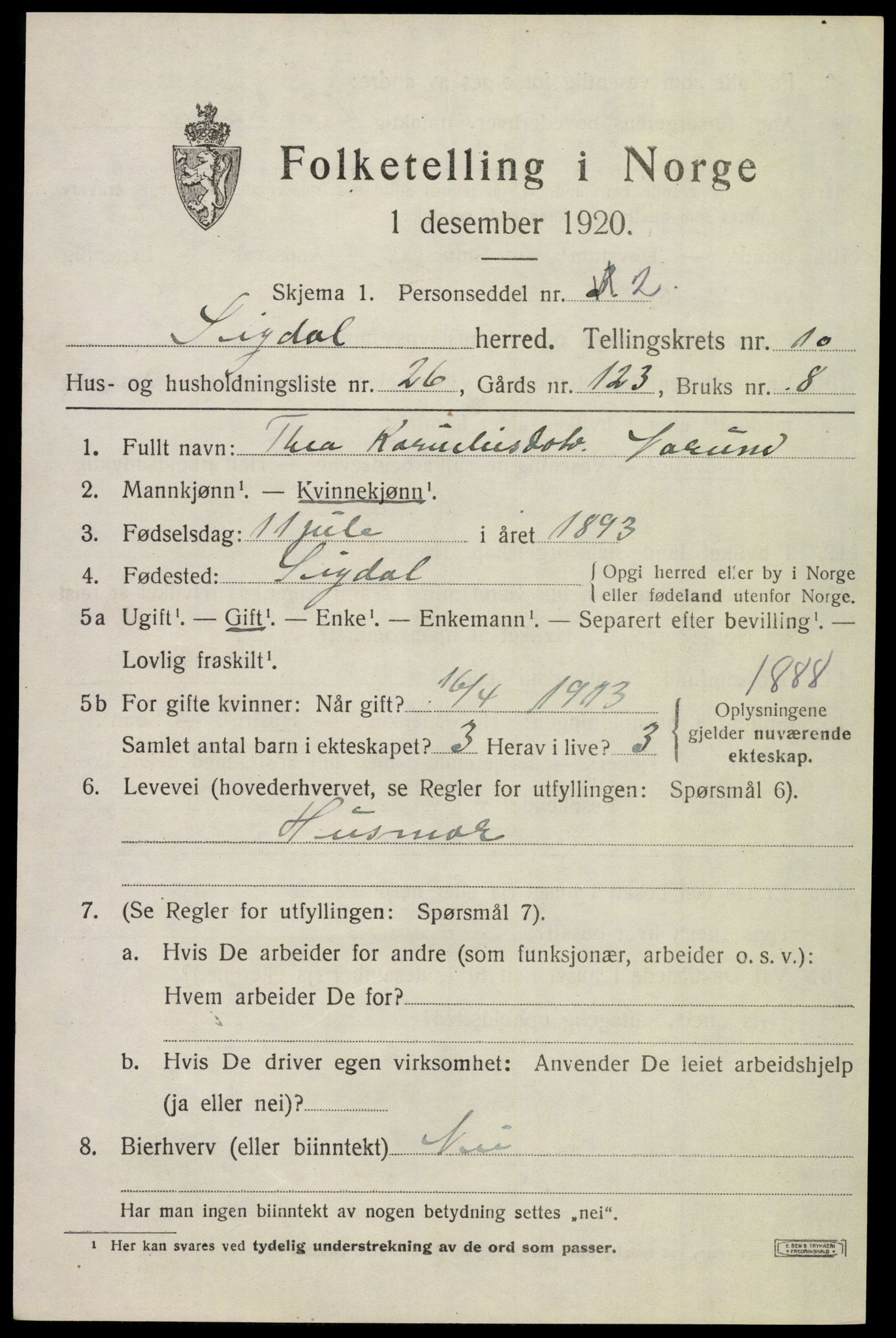 SAKO, Folketelling 1920 for 0621 Sigdal herred, 1920, s. 7366