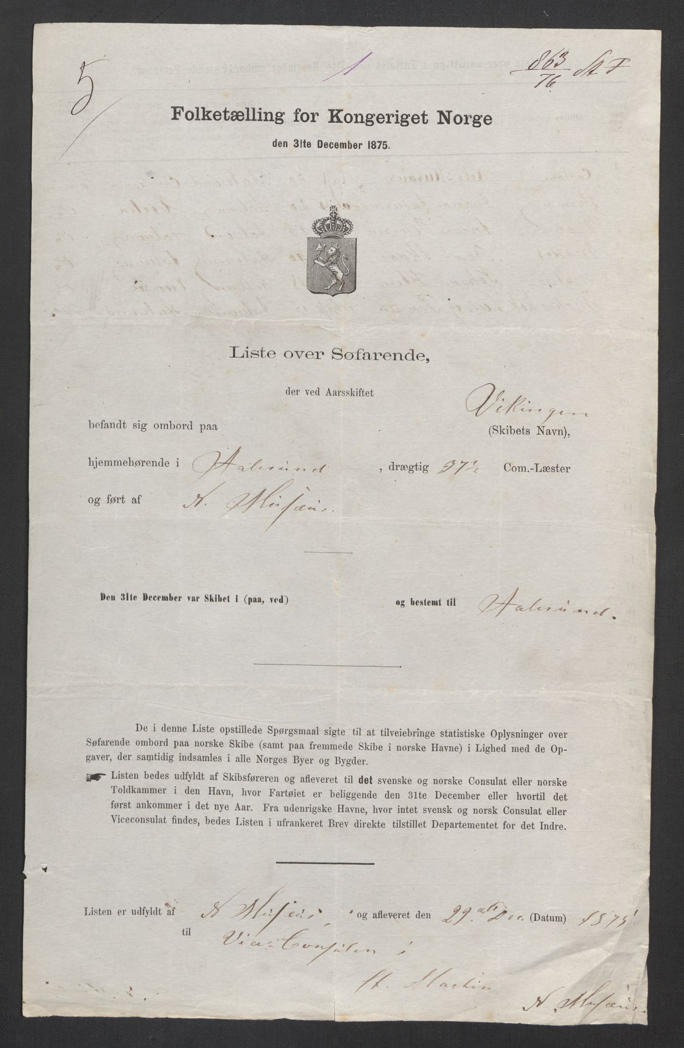 RA, Folketelling 1875, skipslister: Skip i utenrikske havner, hjemmehørende i 1) byer og ladesteder, Grimstad - Tromsø, 2) landdistrikter, 1875, s. 1008