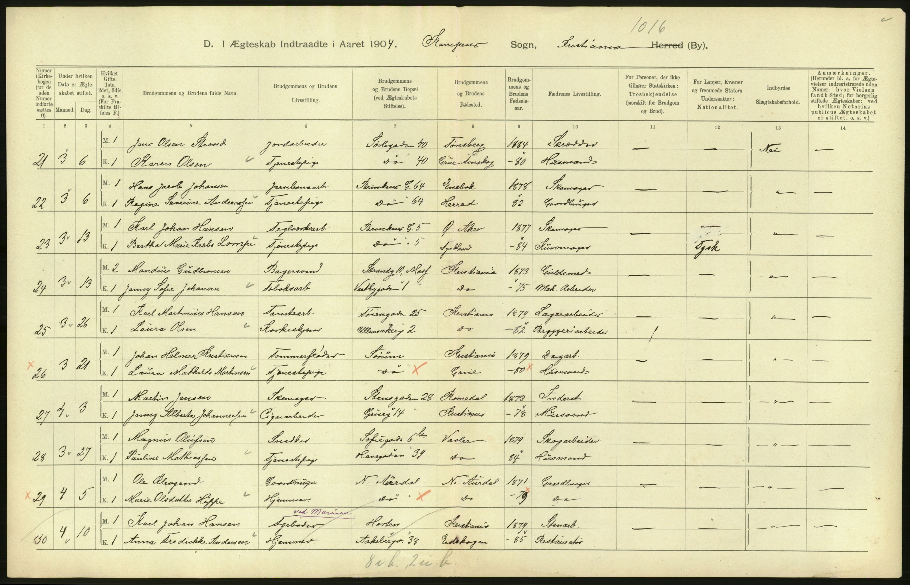 Statistisk sentralbyrå, Sosiodemografiske emner, Befolkning, AV/RA-S-2228/D/Df/Dfa/Dfab/L0004: Kristiania: Gifte, døde, 1904, s. 16