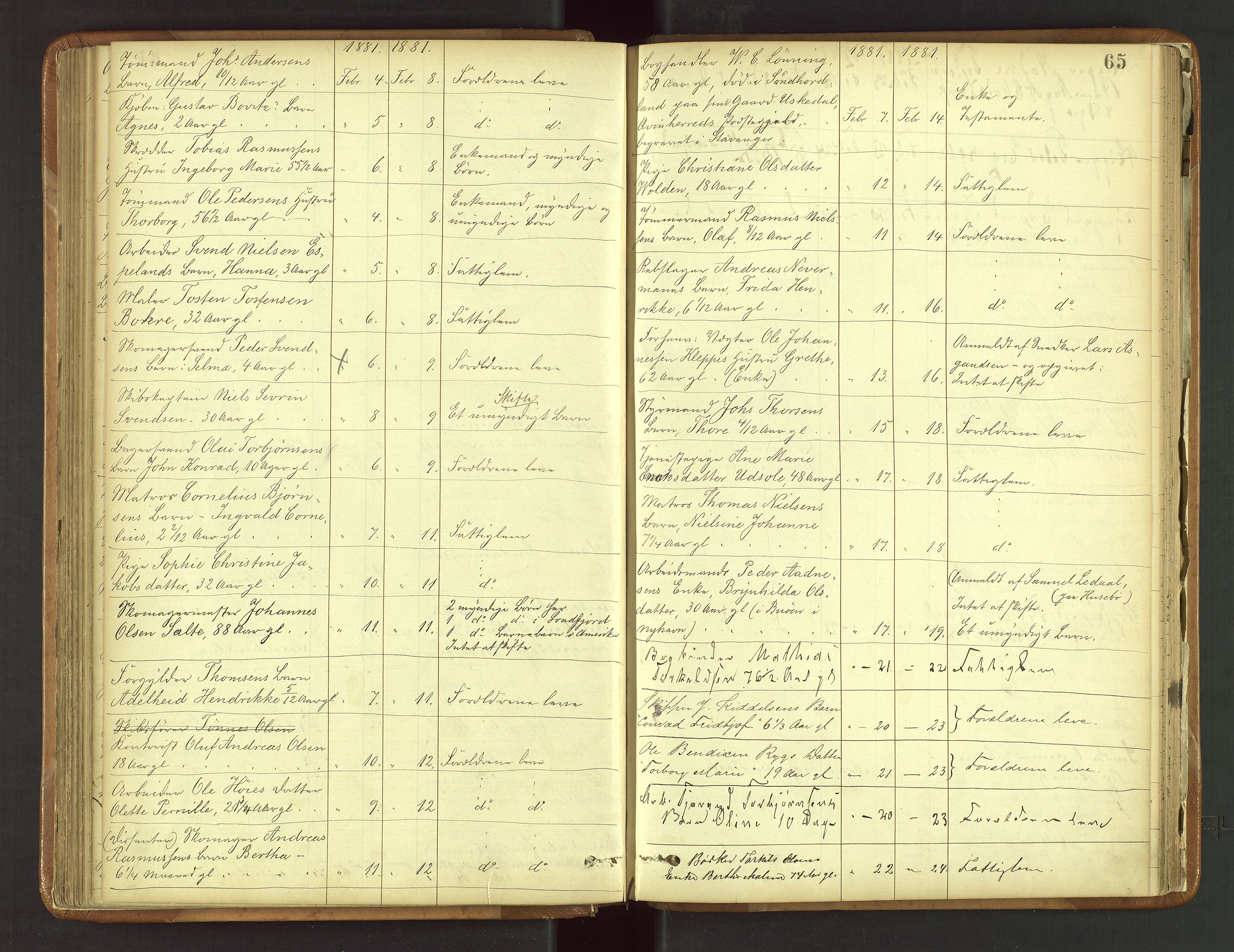 Stavanger byfogd, SAST/A-101408/001/5/52/52B/L0003: Liste over anmeldte dødsfall, 1877-1885, s. 65