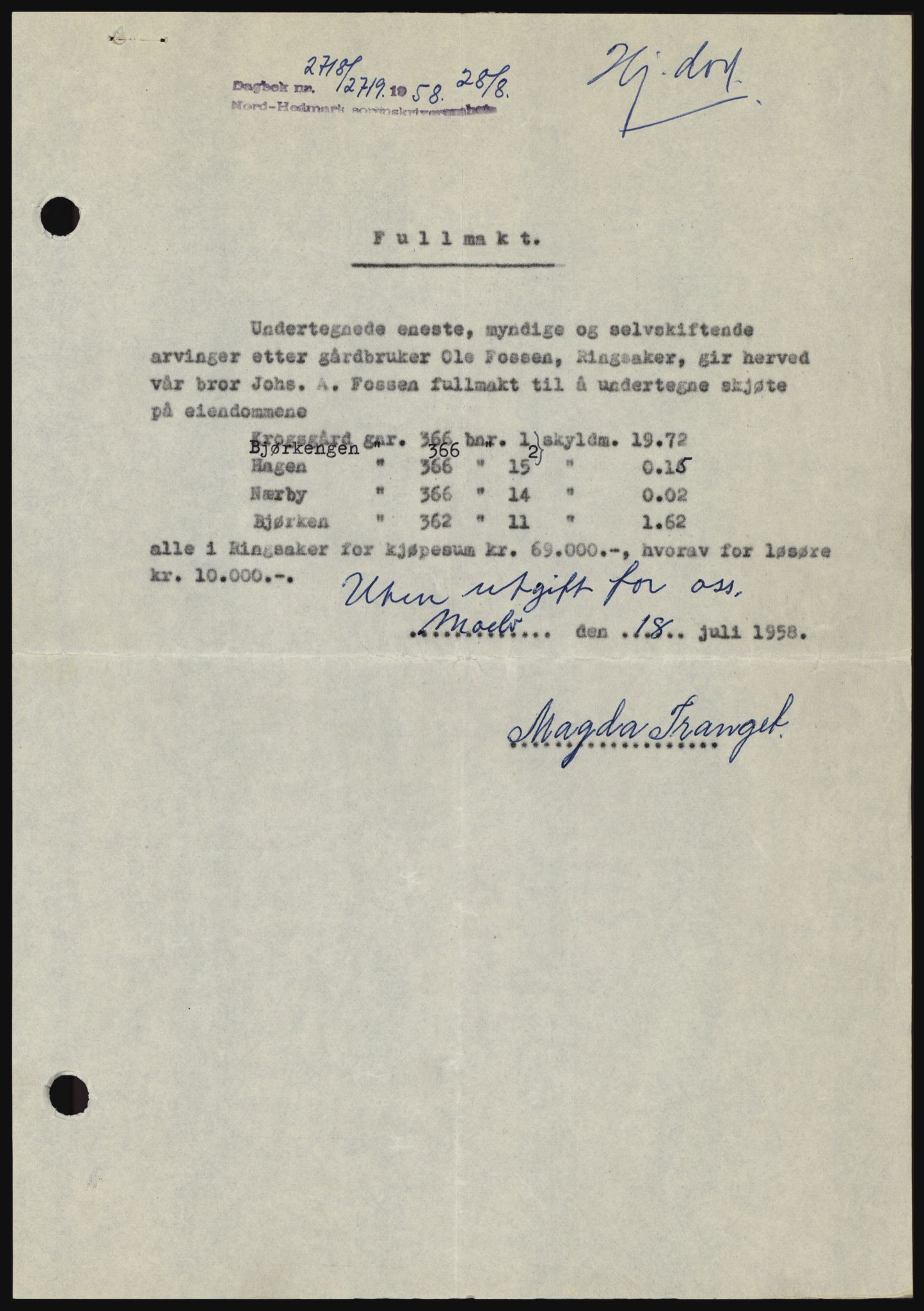 Nord-Hedmark sorenskriveri, SAH/TING-012/H/Hc/L0012: Pantebok nr. 12, 1957-1958, Dagboknr: 2718/1958