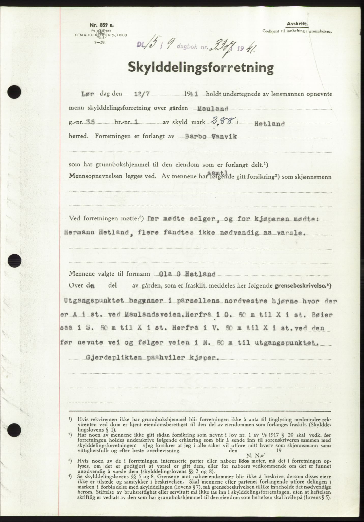 Jæren sorenskriveri, SAST/A-100310/03/G/Gba/L0081: Pantebok, 1941-1941, Dagboknr: 3307/1941