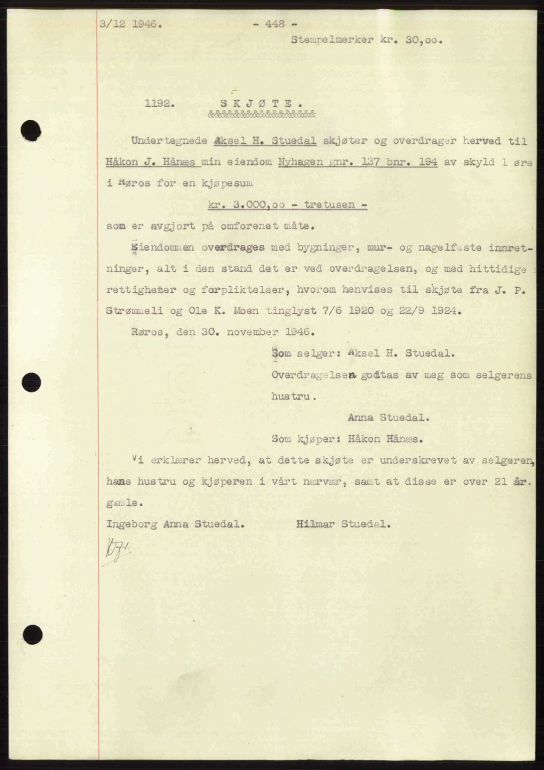 Gauldal sorenskriveri, SAT/A-0014/1/2/2C: Pantebok nr. A2, 1946-1946, Dagboknr: 1192/1946