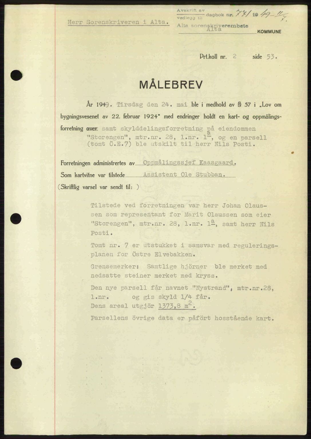 Alta fogderi/sorenskriveri, SATØ/SATØ-5/1/K/Kd/L0037pantebok: Pantebok nr. 39-40, 1948-1949, Dagboknr: 771/1949