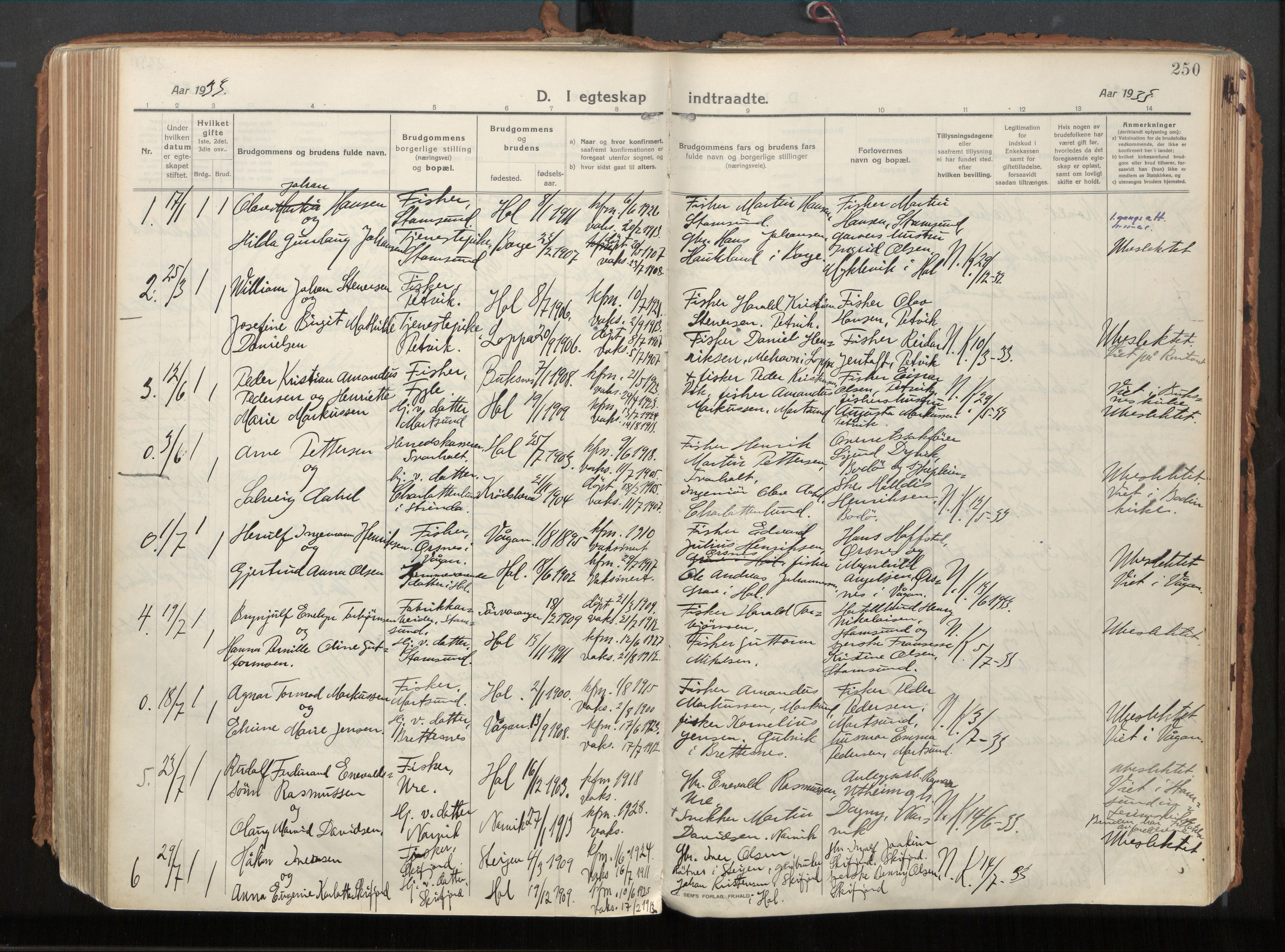 Ministerialprotokoller, klokkerbøker og fødselsregistre - Nordland, AV/SAT-A-1459/882/L1181: Ministerialbok nr. 882A03, 1913-1937, s. 250