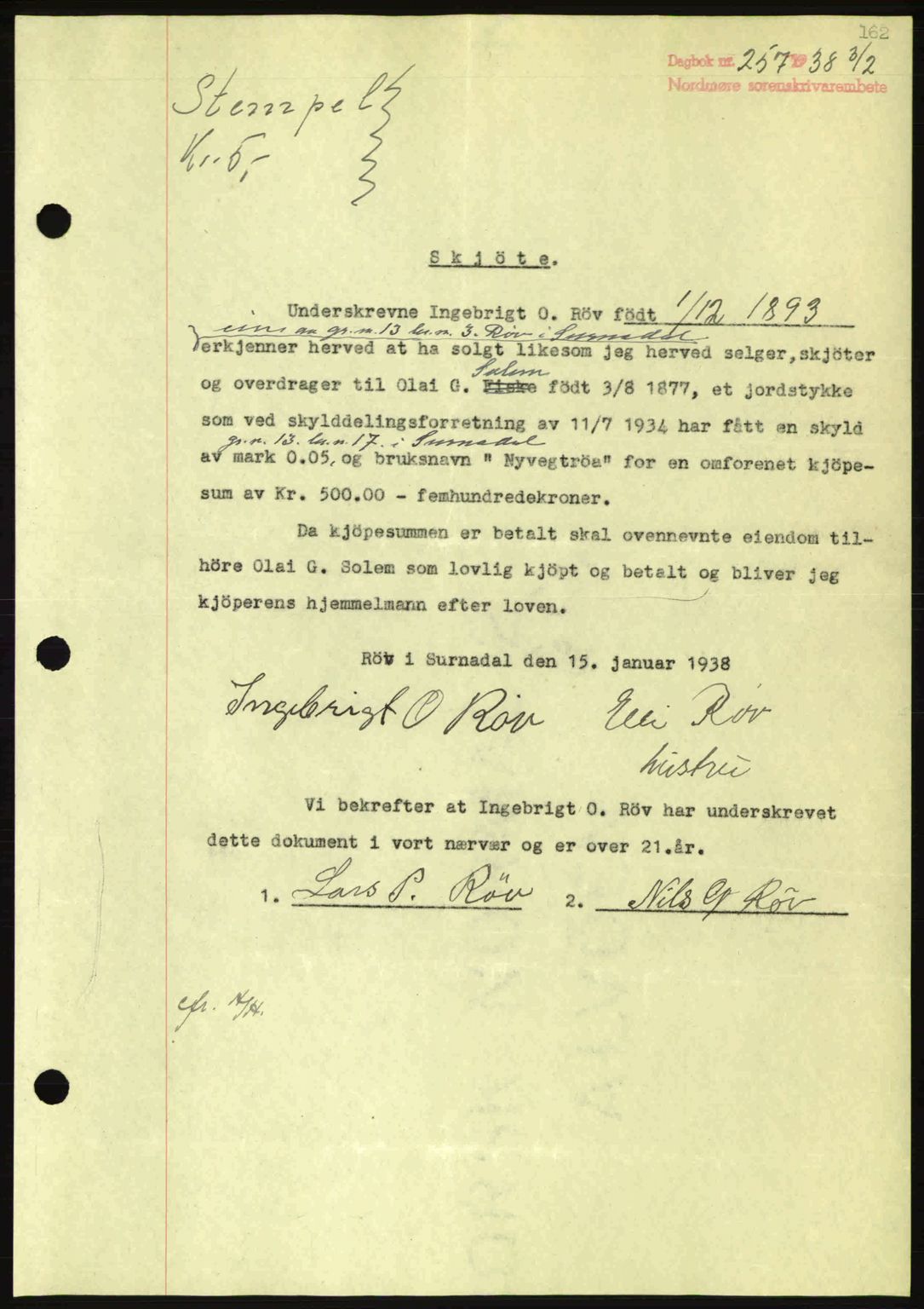 Nordmøre sorenskriveri, SAT/A-4132/1/2/2Ca: Pantebok nr. A83, 1938-1938, Dagboknr: 257/1938