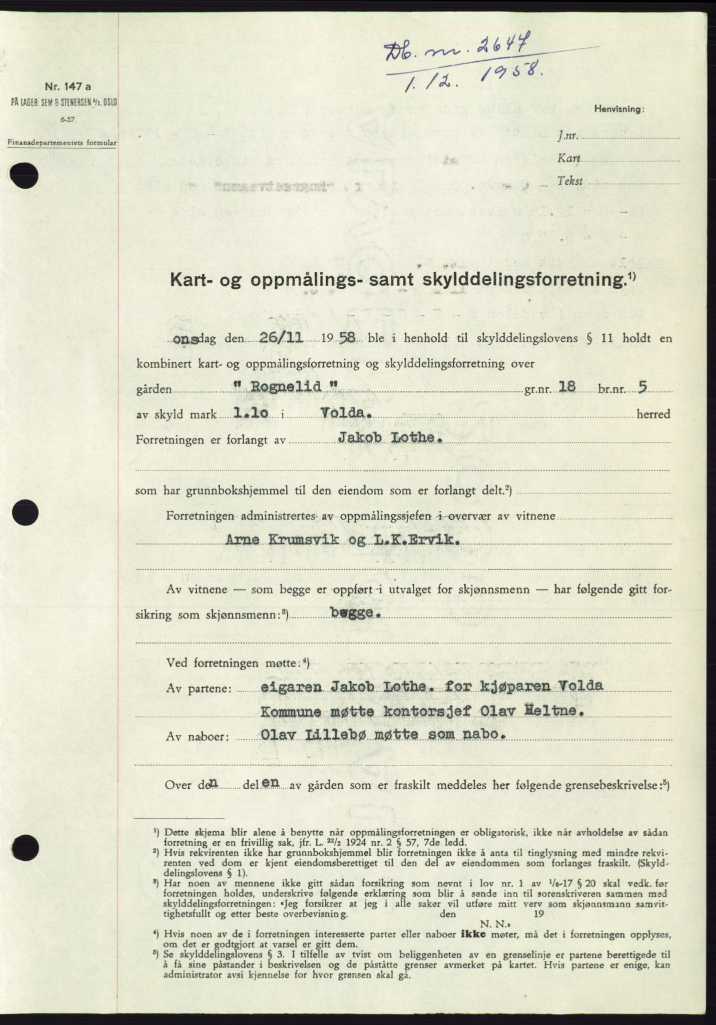 Søre Sunnmøre sorenskriveri, SAT/A-4122/1/2/2C/L0111: Pantebok nr. 37A, 1958-1959, Dagboknr: 2647/1958