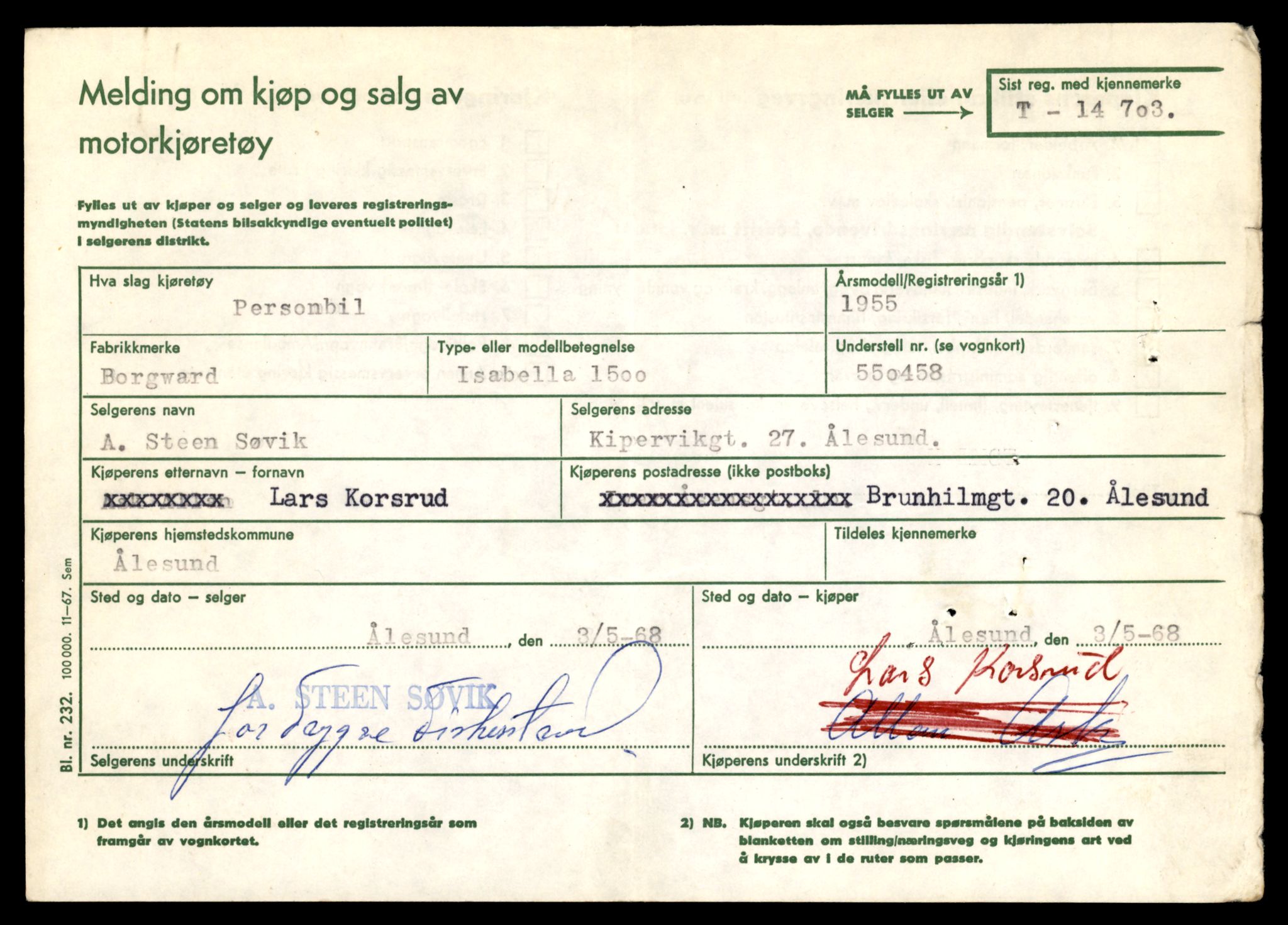 Møre og Romsdal vegkontor - Ålesund trafikkstasjon, SAT/A-4099/F/Fe/L0047: Registreringskort for kjøretøy T 14580 - T 14720, 1927-1998, s. 2905