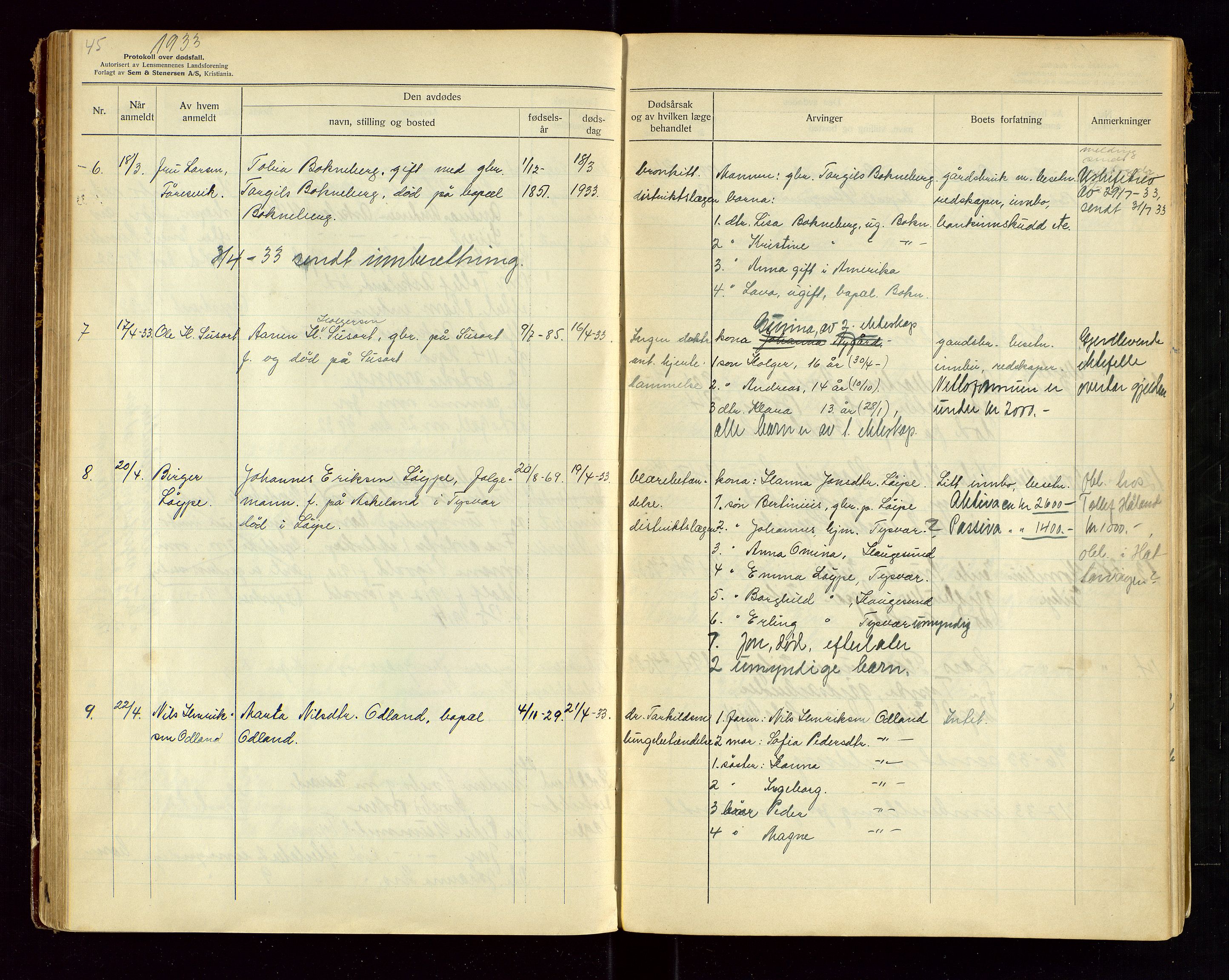 Tysvær lensmannskontor, AV/SAST-A-100192/Gga/L0004: "Protokol over anmeldte dødsfall i Tysvær lensmanndsdistrikt" med register, 1927-1949, s. 45