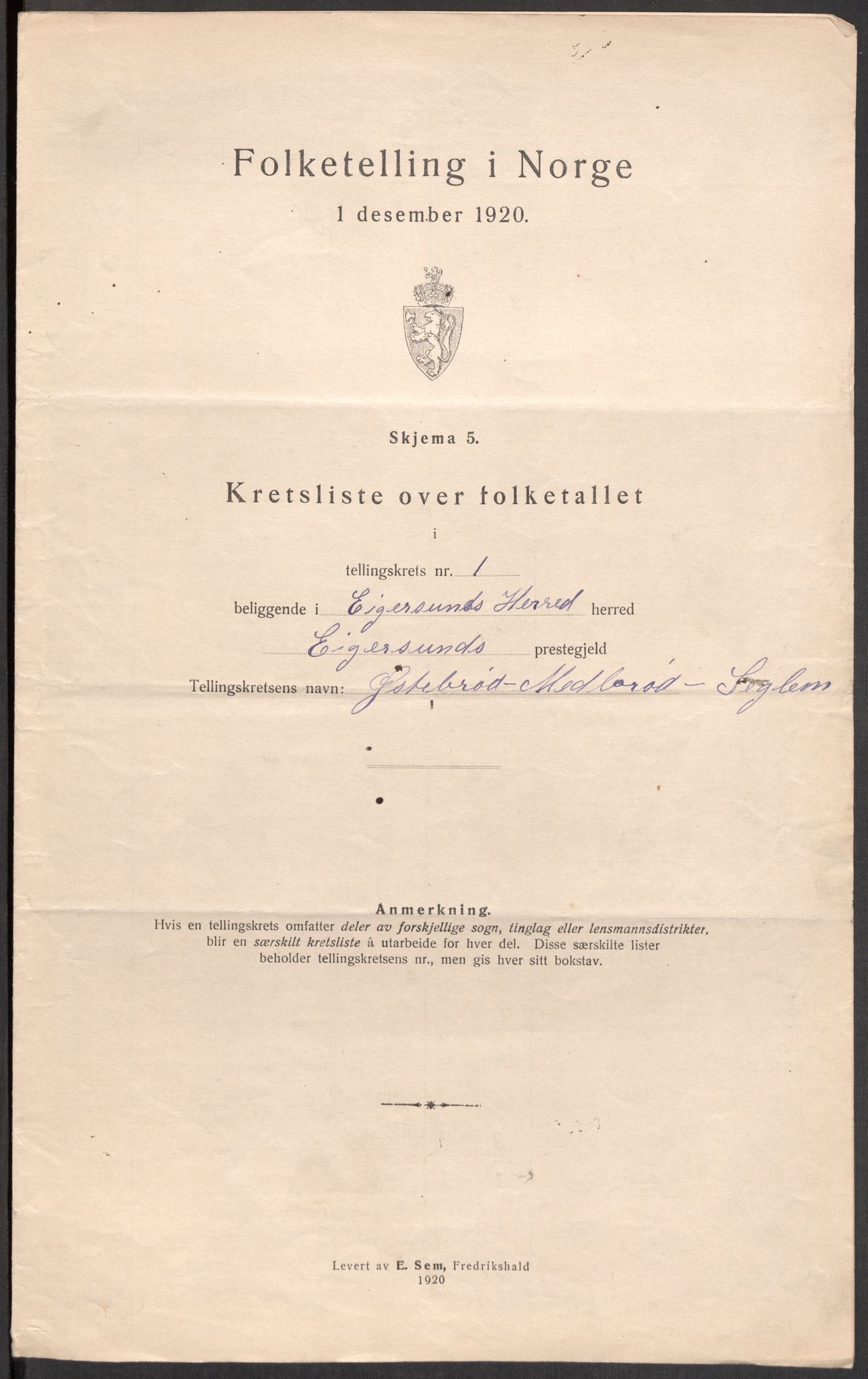 SAST, Folketelling 1920 for 1116 Eigersund herred, 1920, s. 7