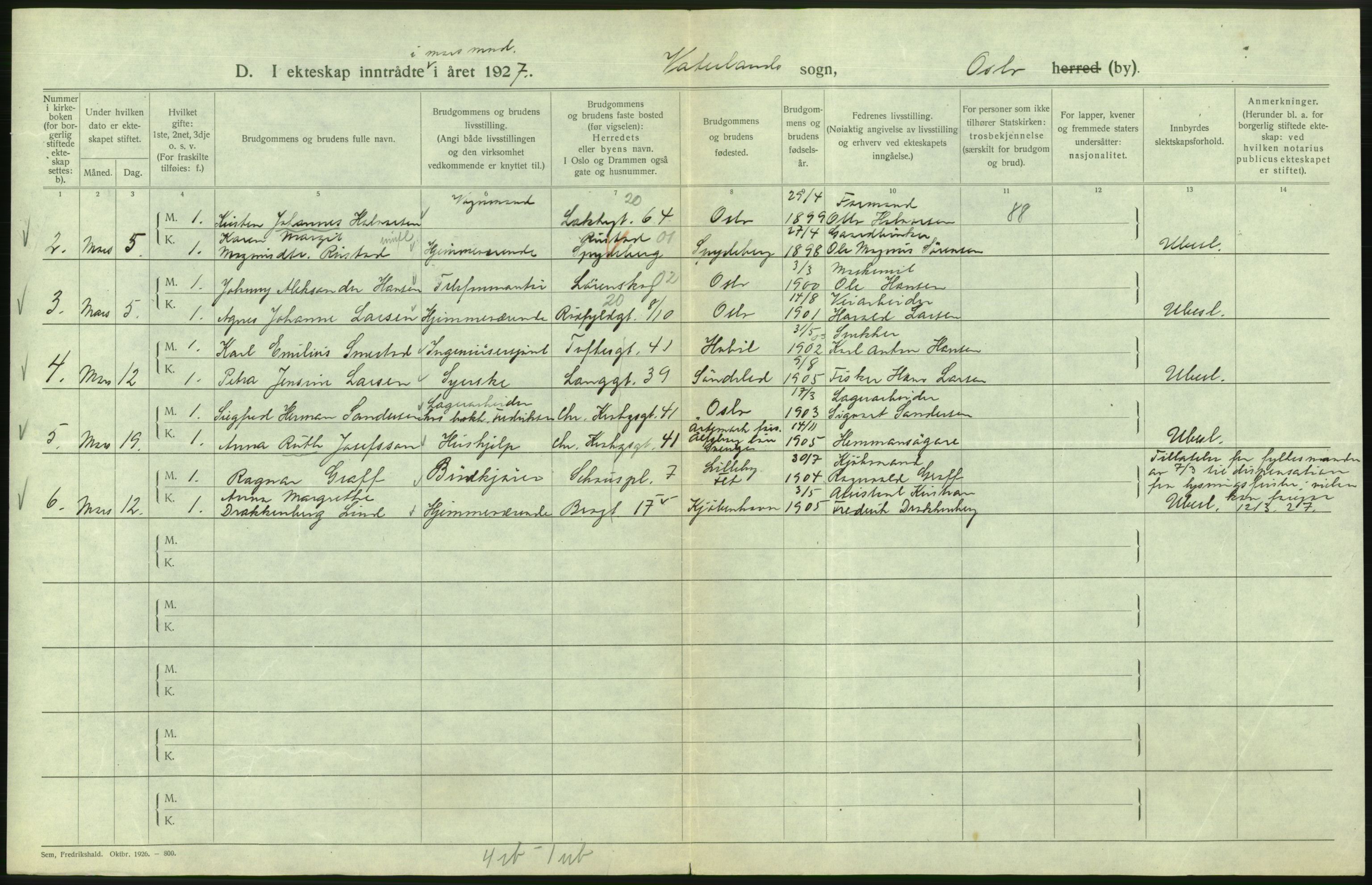 Statistisk sentralbyrå, Sosiodemografiske emner, Befolkning, RA/S-2228/D/Df/Dfc/Dfcg/L0008: Oslo: Gifte, 1927, s. 680