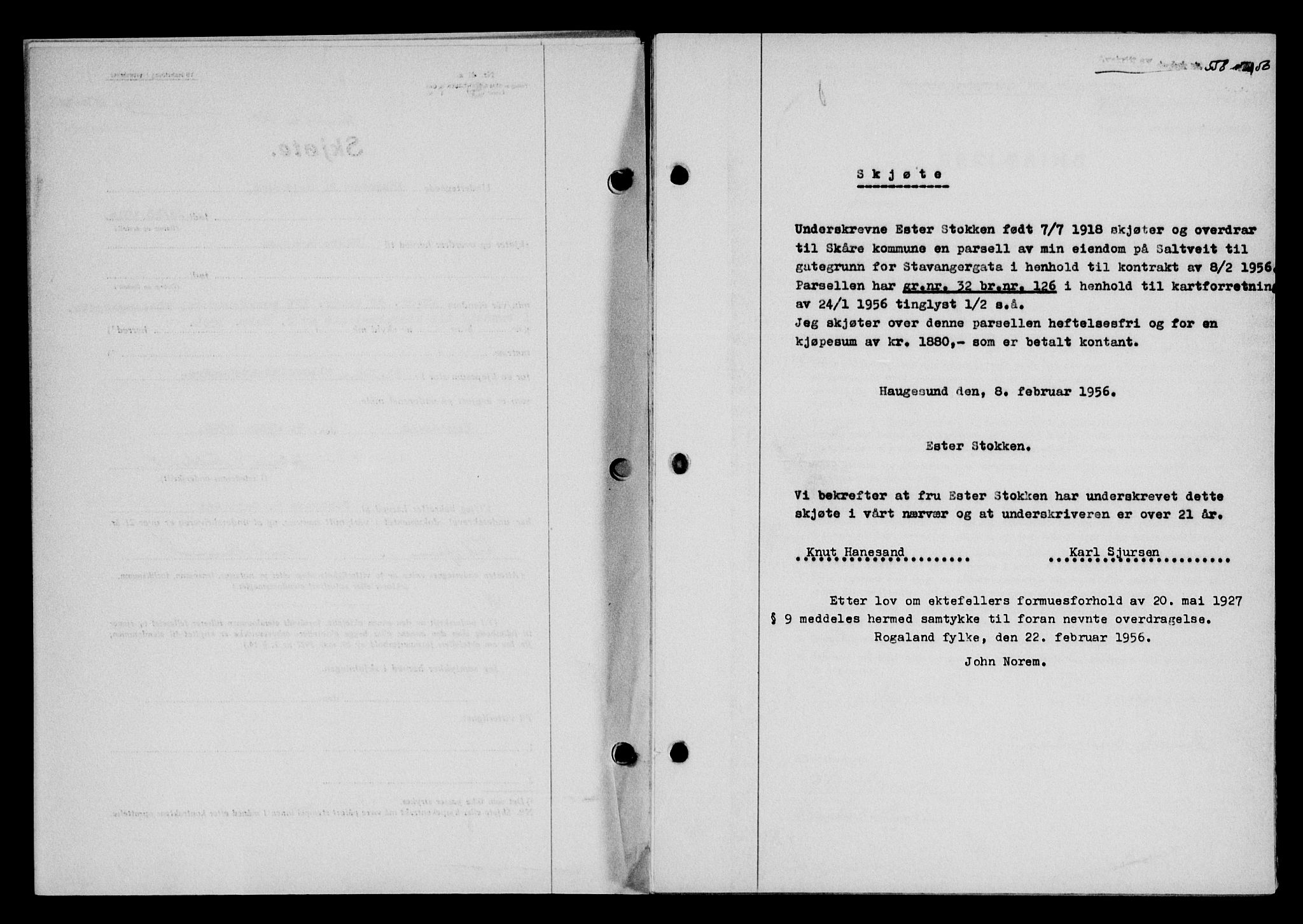 Karmsund sorenskriveri, SAST/A-100311/01/II/IIB/L0118: Pantebok nr. 98A, 1955-1956, Dagboknr: 558/1956