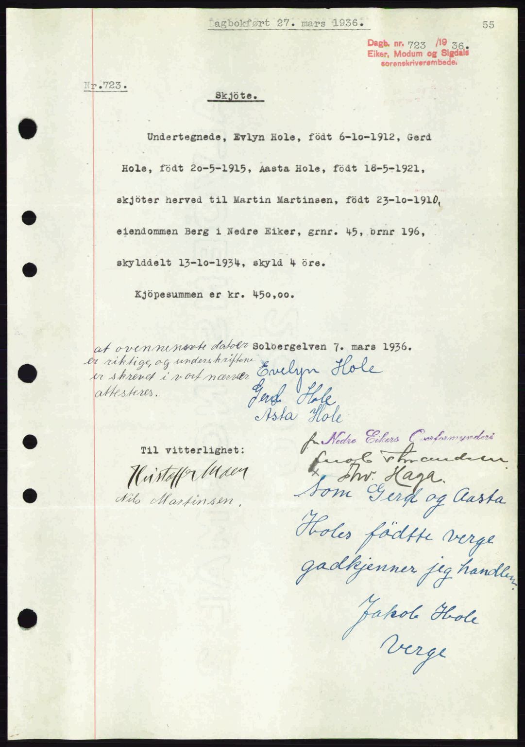 Eiker, Modum og Sigdal sorenskriveri, SAKO/A-123/G/Ga/Gab/L0032: Pantebok nr. A2, 1936-1936, Dagboknr: 723/1936