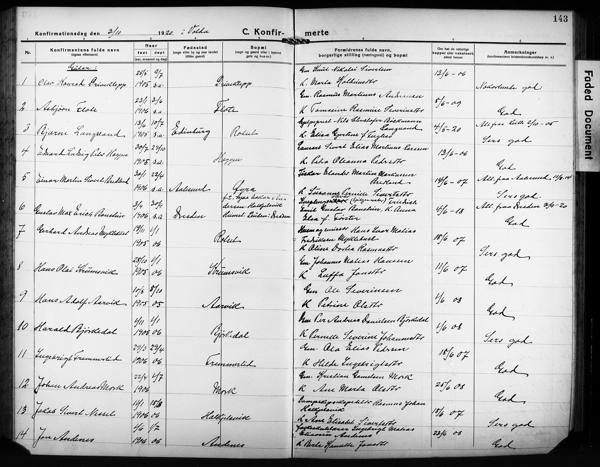 Ministerialprotokoller, klokkerbøker og fødselsregistre - Møre og Romsdal, AV/SAT-A-1454/511/L0160: Klokkerbok nr. 511C06, 1920-1932, s. 143