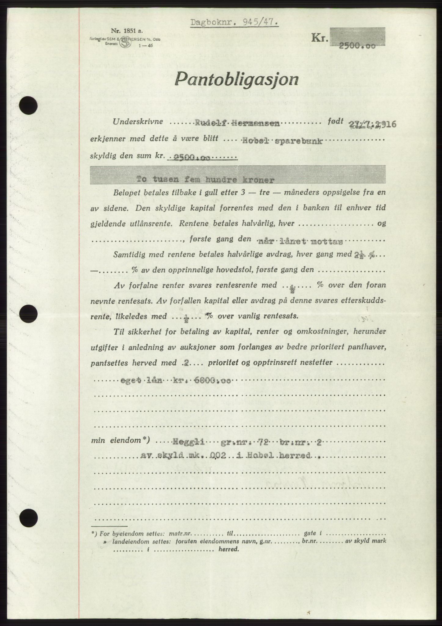 Moss sorenskriveri, SAO/A-10168: Pantebok nr. B17, 1947-1947, Dagboknr: 945/1947