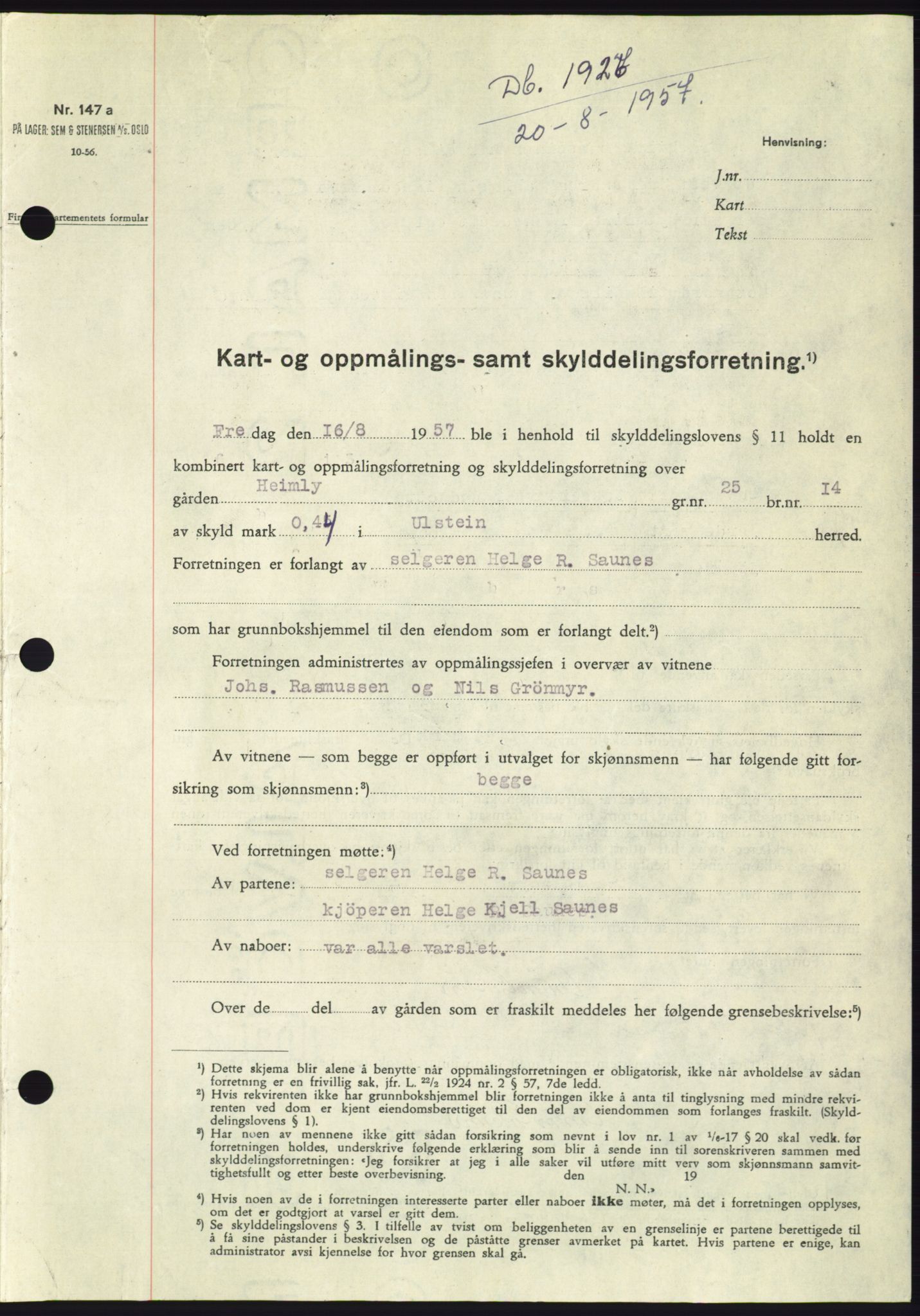 Søre Sunnmøre sorenskriveri, SAT/A-4122/1/2/2C/L0107: Pantebok nr. 33A, 1957-1957, Dagboknr: 1926/1957