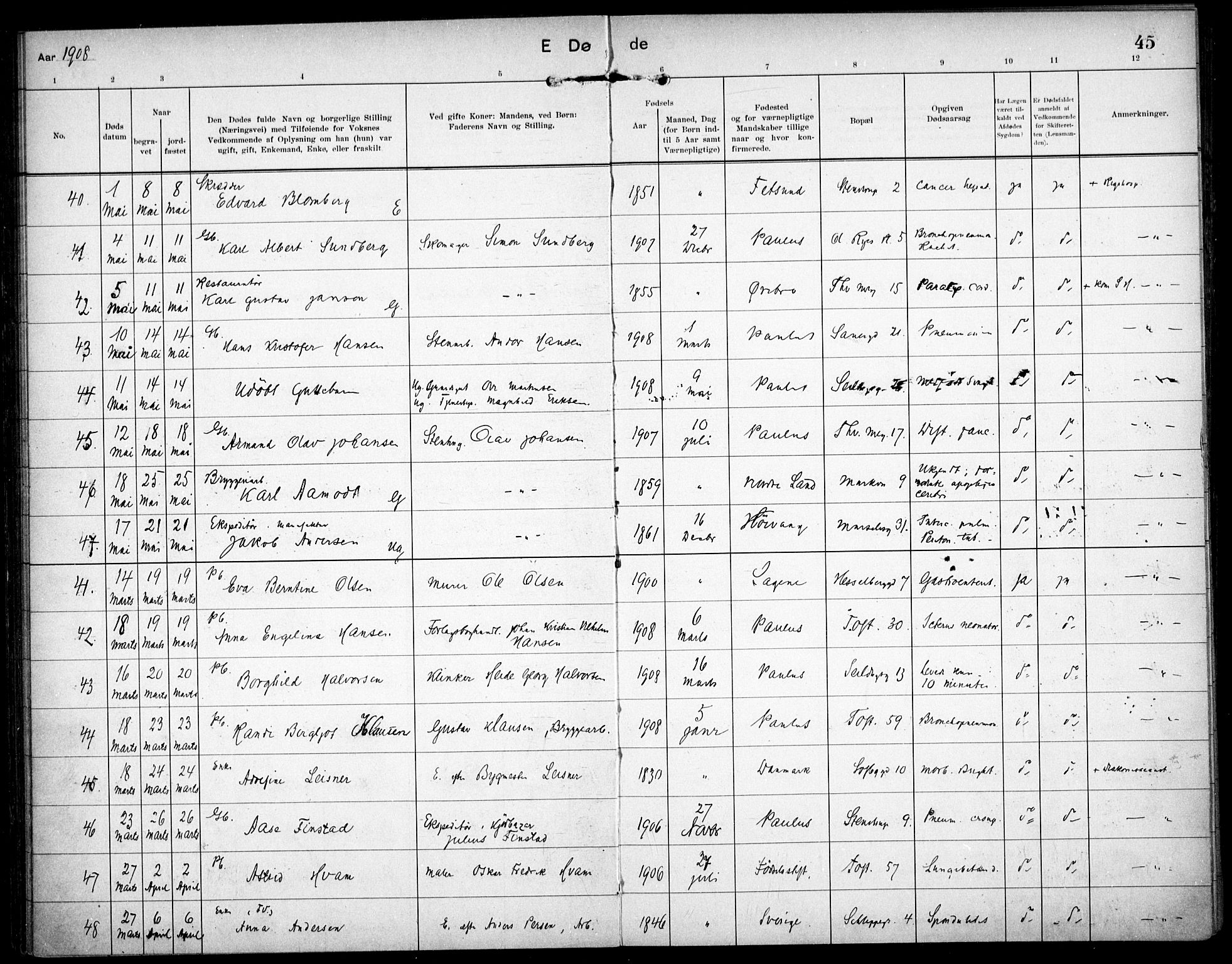 Paulus prestekontor Kirkebøker, AV/SAO-A-10871/F/Fa/L0018: Ministerialbok nr. 18, 1906-1915, s. 45