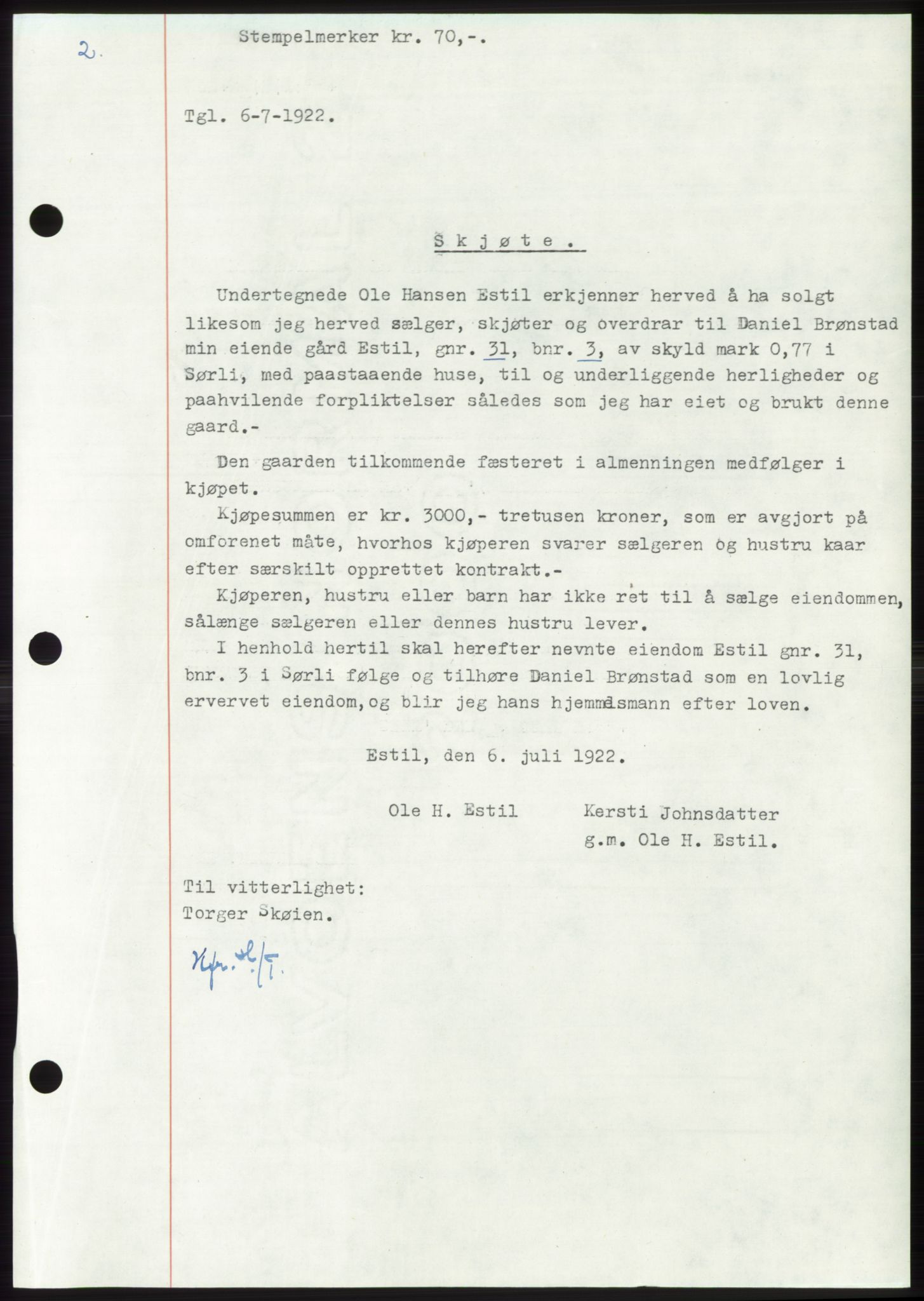 Namdal sorenskriveri, SAT/A-4133/1/2/2C: Pantebok nr. -, 1922-1925, Tingl.dato: 06.07.1922