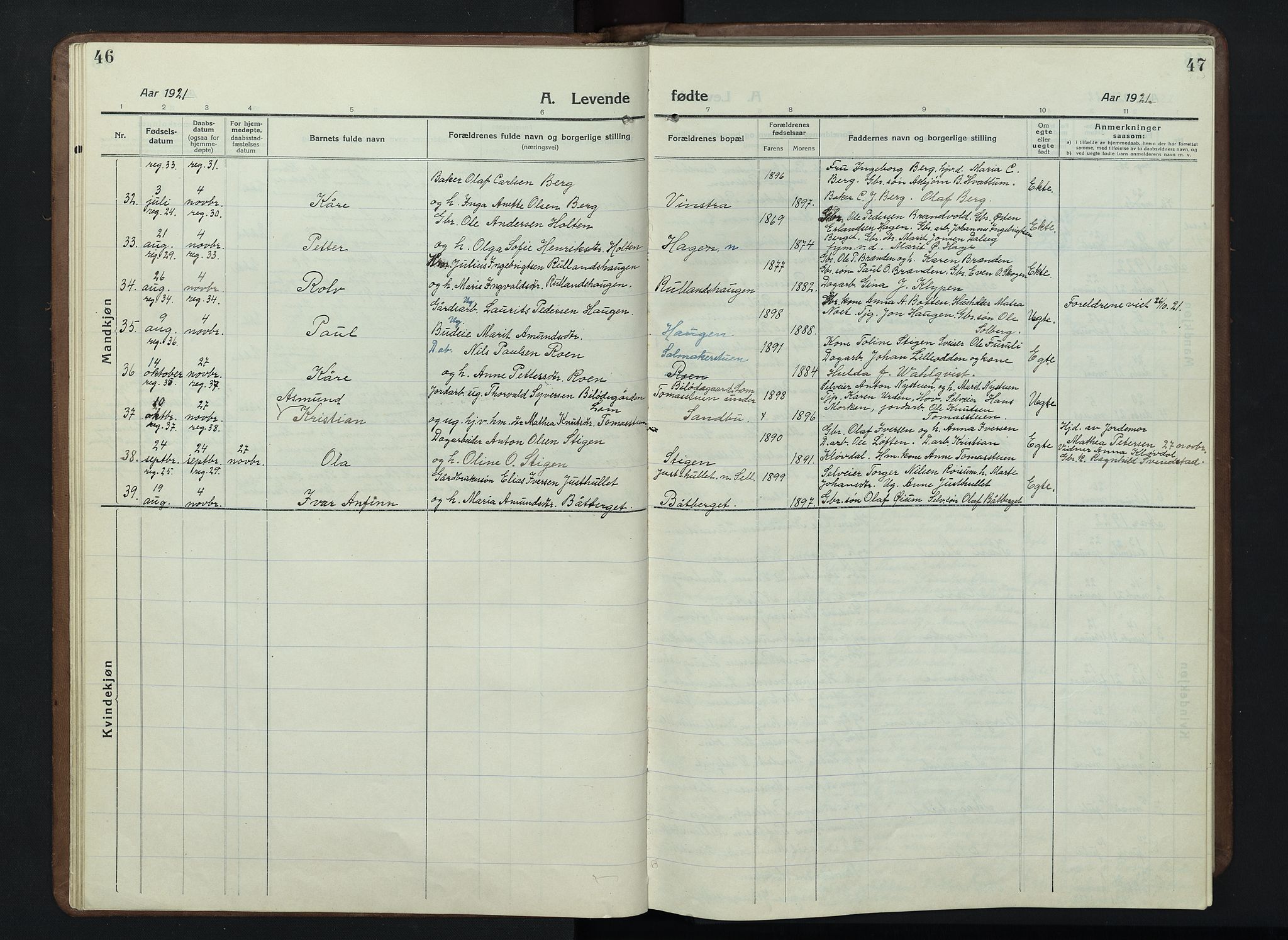 Nord-Fron prestekontor, AV/SAH-PREST-080/H/Ha/Hab/L0007: Klokkerbok nr. 7, 1915-1946, s. 46-47