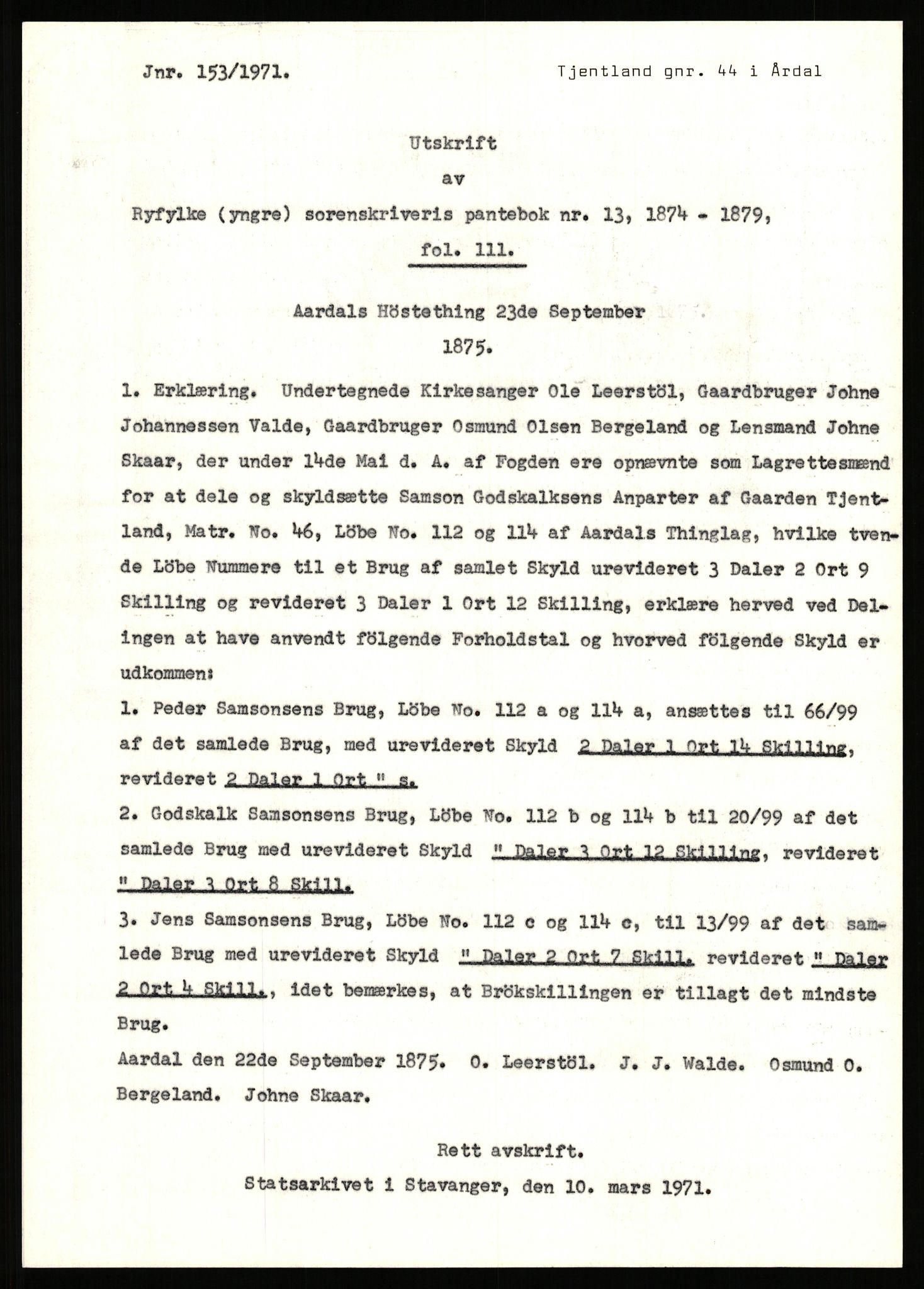 Statsarkivet i Stavanger, AV/SAST-A-101971/03/Y/Yj/L0087: Avskrifter sortert etter gårdsnavn: Tjemsland nordre - Todhammer, 1750-1930, s. 111