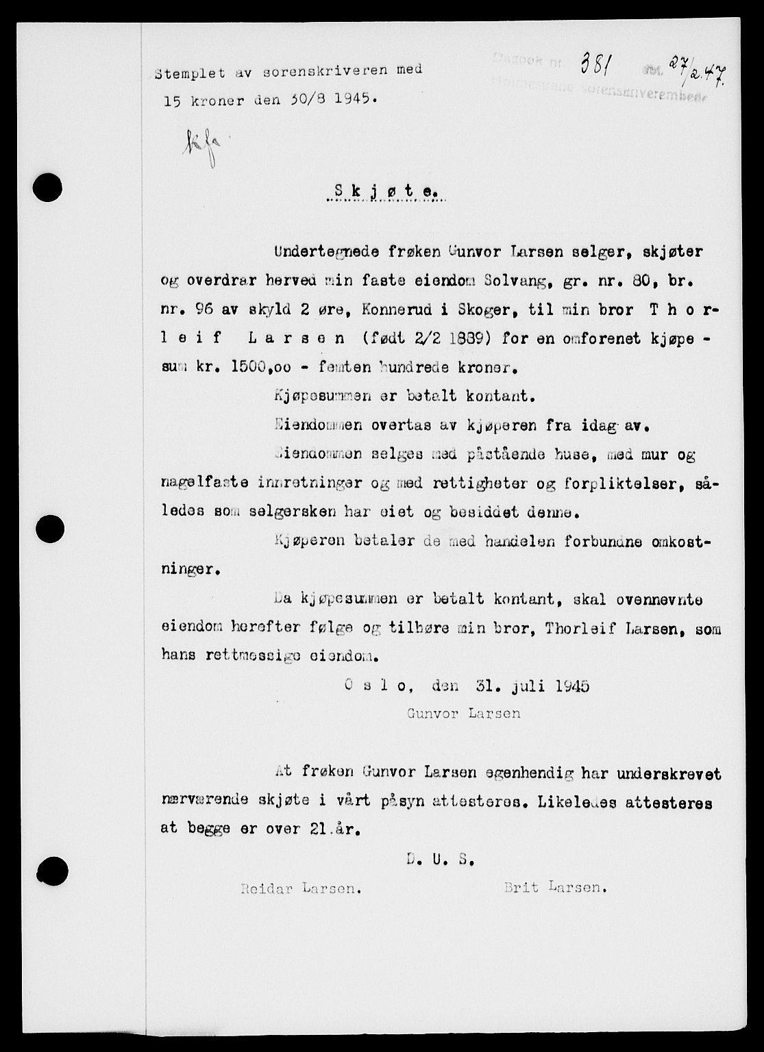 Holmestrand sorenskriveri, SAKO/A-67/G/Ga/Gaa/L0061: Pantebok nr. A-61, 1946-1947, Dagboknr: 381/1947