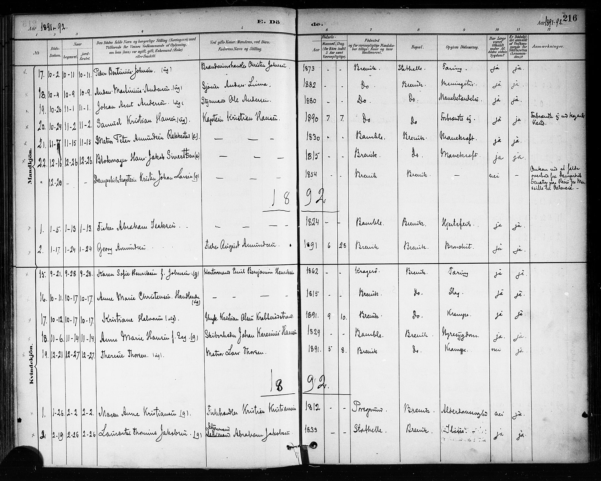 Brevik kirkebøker, AV/SAKO-A-255/F/Fa/L0007: Ministerialbok nr. 7, 1882-1900, s. 216