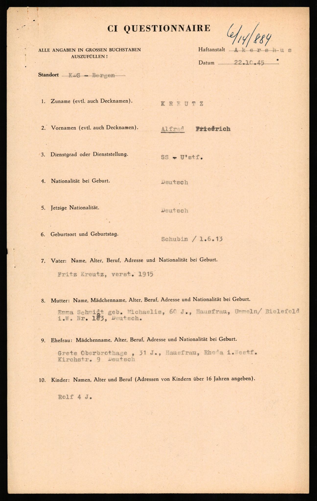 Forsvaret, Forsvarets overkommando II, AV/RA-RAFA-3915/D/Db/L0018: CI Questionaires. Tyske okkupasjonsstyrker i Norge. Tyskere., 1945-1946, s. 149