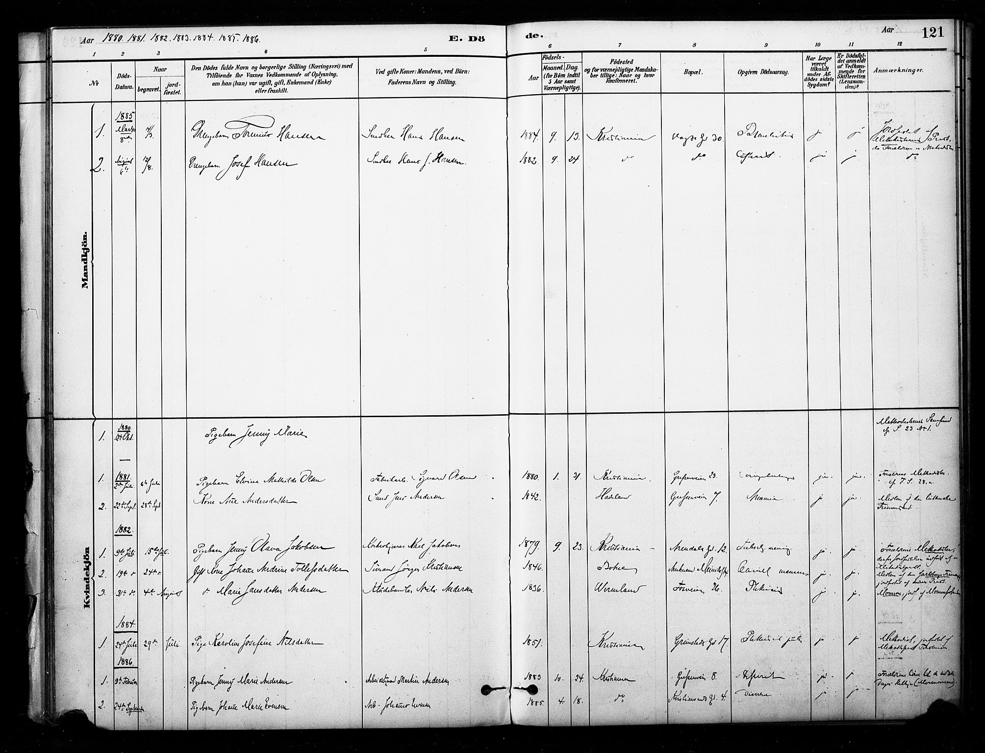 Sagene prestekontor Kirkebøker, AV/SAO-A-10796/F/L0003: Ministerialbok nr. 3, 1880-1922, s. 121