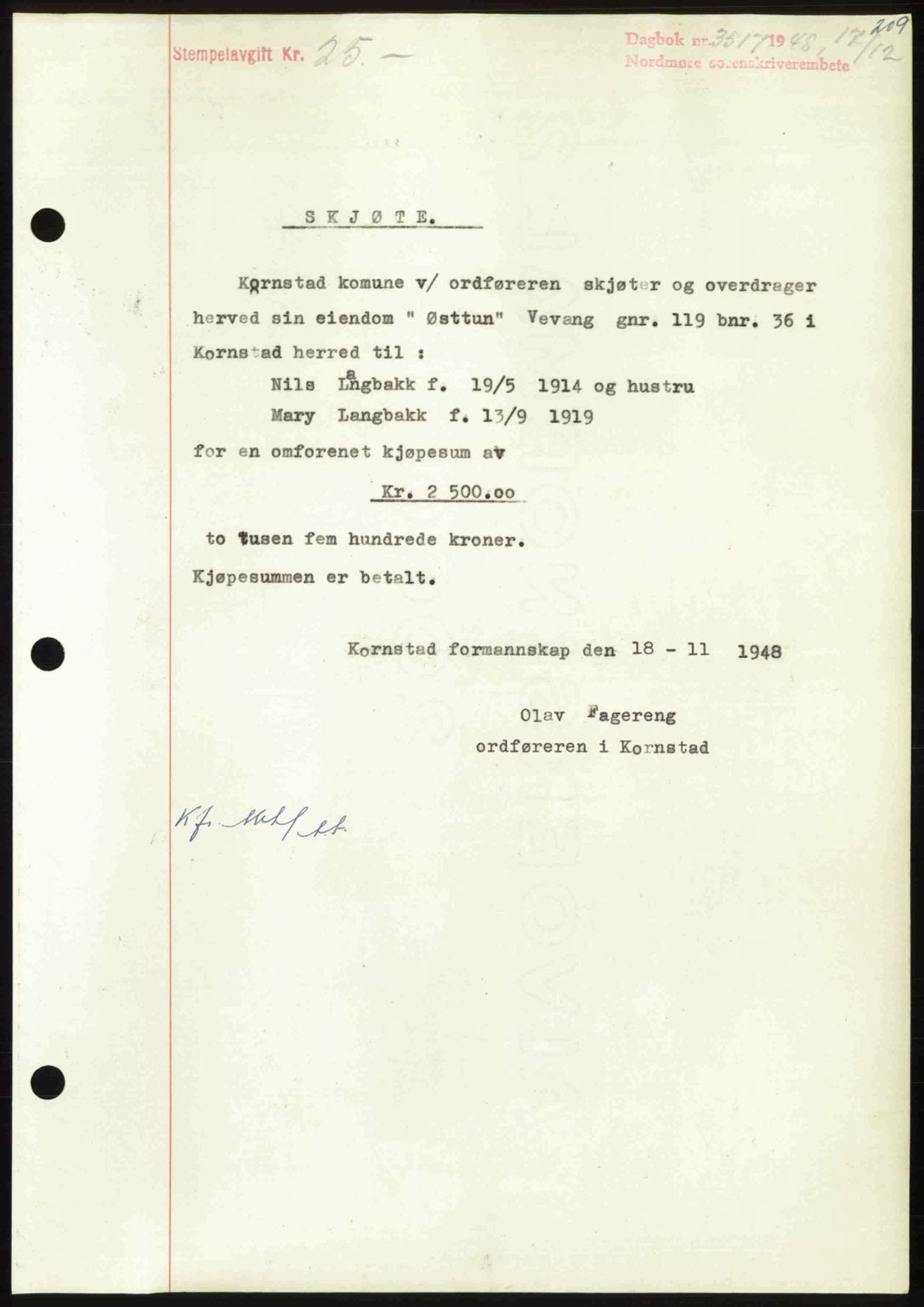 Nordmøre sorenskriveri, SAT/A-4132/1/2/2Ca: Pantebok nr. A110, 1948-1949, Dagboknr: 3517/1948