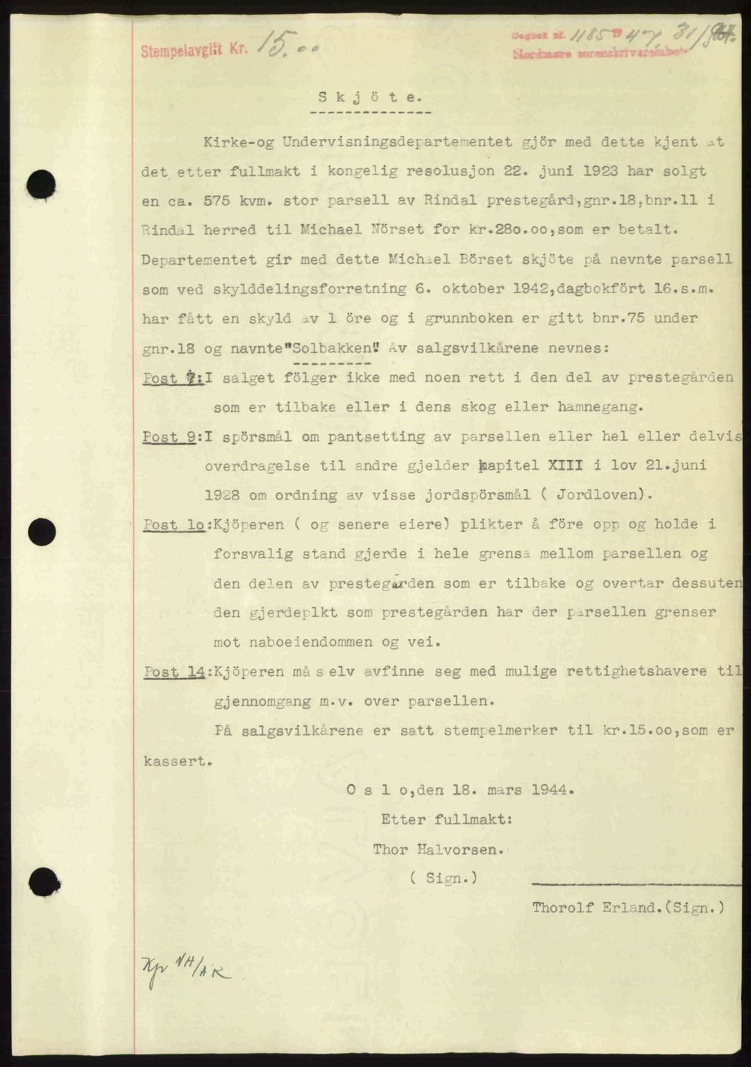 Nordmøre sorenskriveri, SAT/A-4132/1/2/2Ca: Pantebok nr. A104, 1947-1947, Dagboknr: 1185/1947