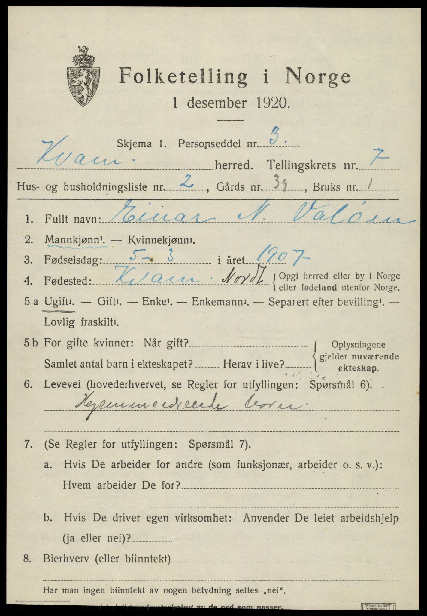 SAT, Folketelling 1920 for 1735 Kvam herred, 1920, s. 1815