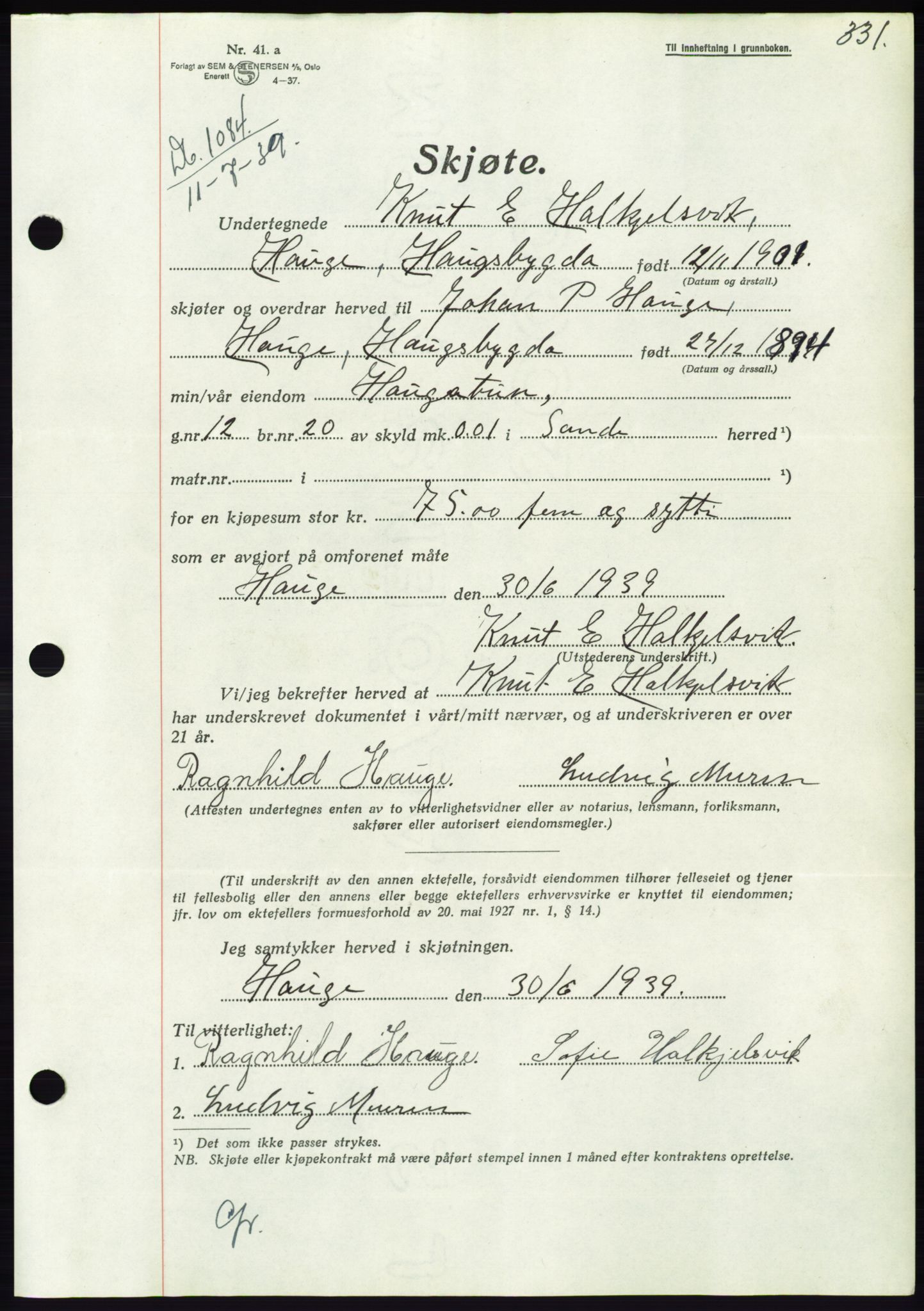 Søre Sunnmøre sorenskriveri, AV/SAT-A-4122/1/2/2C/L0068: Pantebok nr. 62, 1939-1939, Dagboknr: 1084/1939