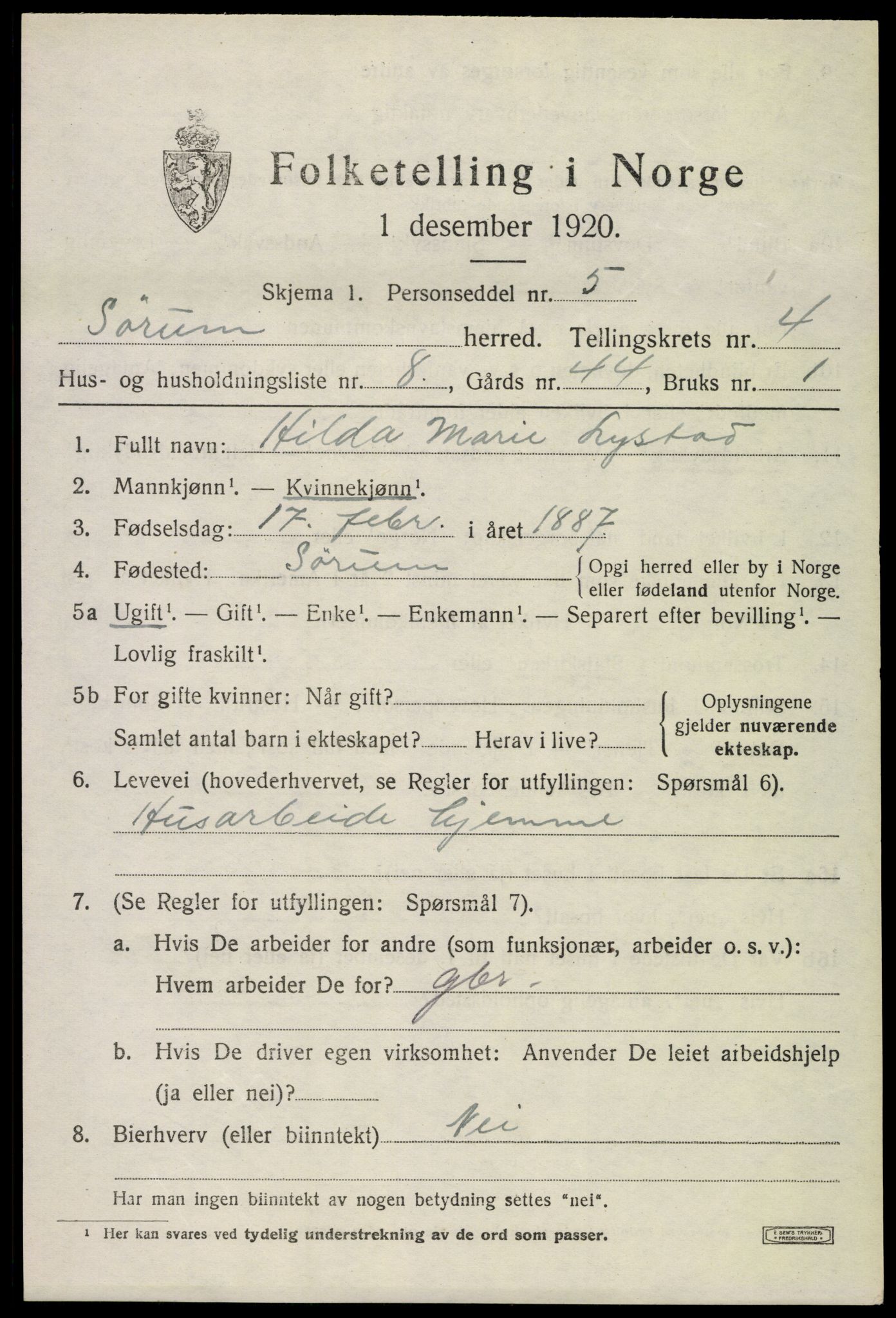 SAO, Folketelling 1920 for 0226 Sørum herred, 1920, s. 3507