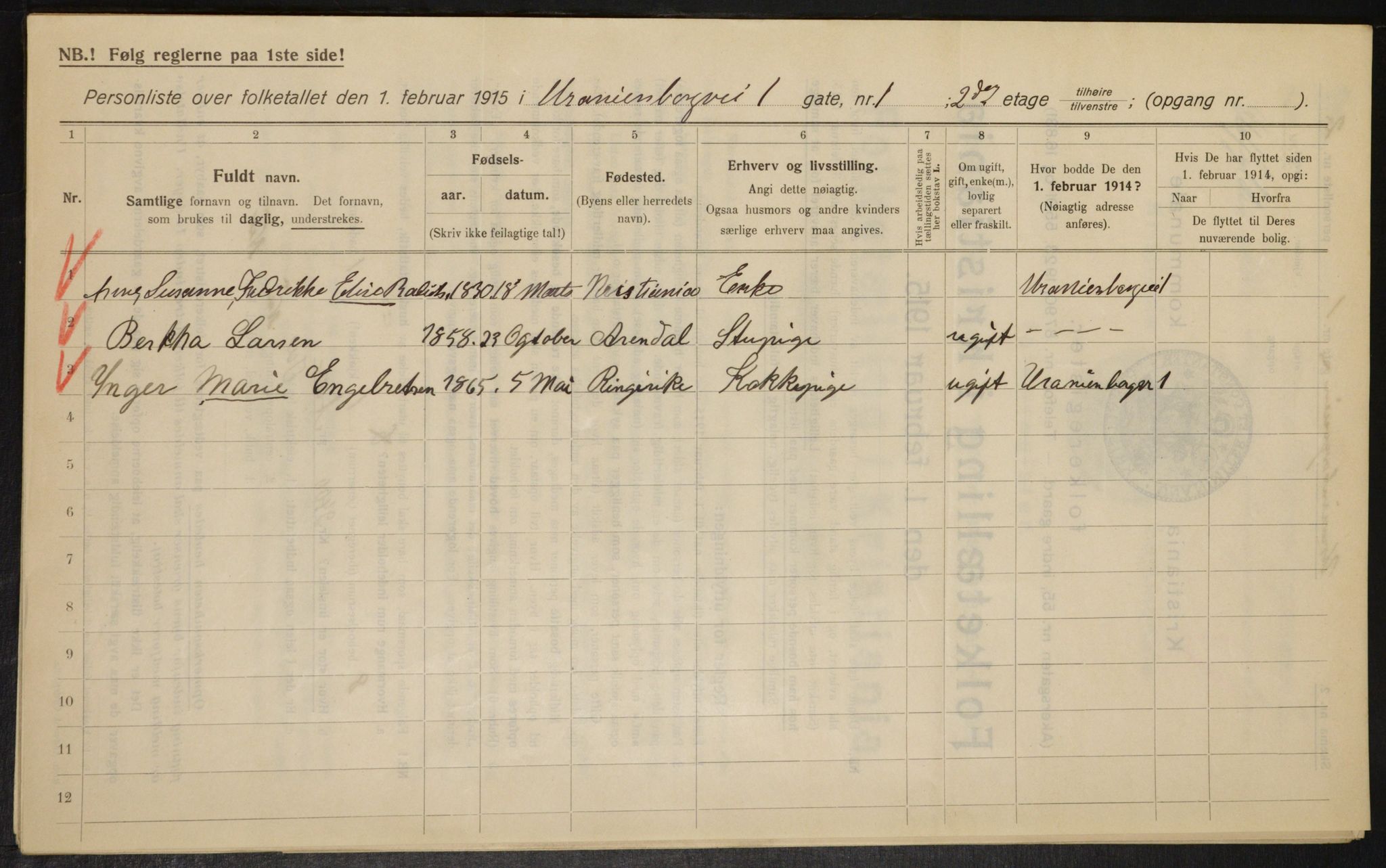 OBA, Kommunal folketelling 1.2.1915 for Kristiania, 1915, s. 121013