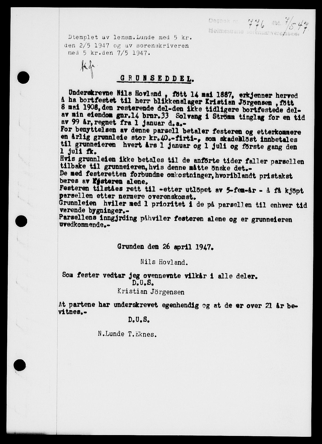 Holmestrand sorenskriveri, SAKO/A-67/G/Ga/Gaa/L0062: Pantebok nr. A-62, 1947-1947, Dagboknr: 776/1947