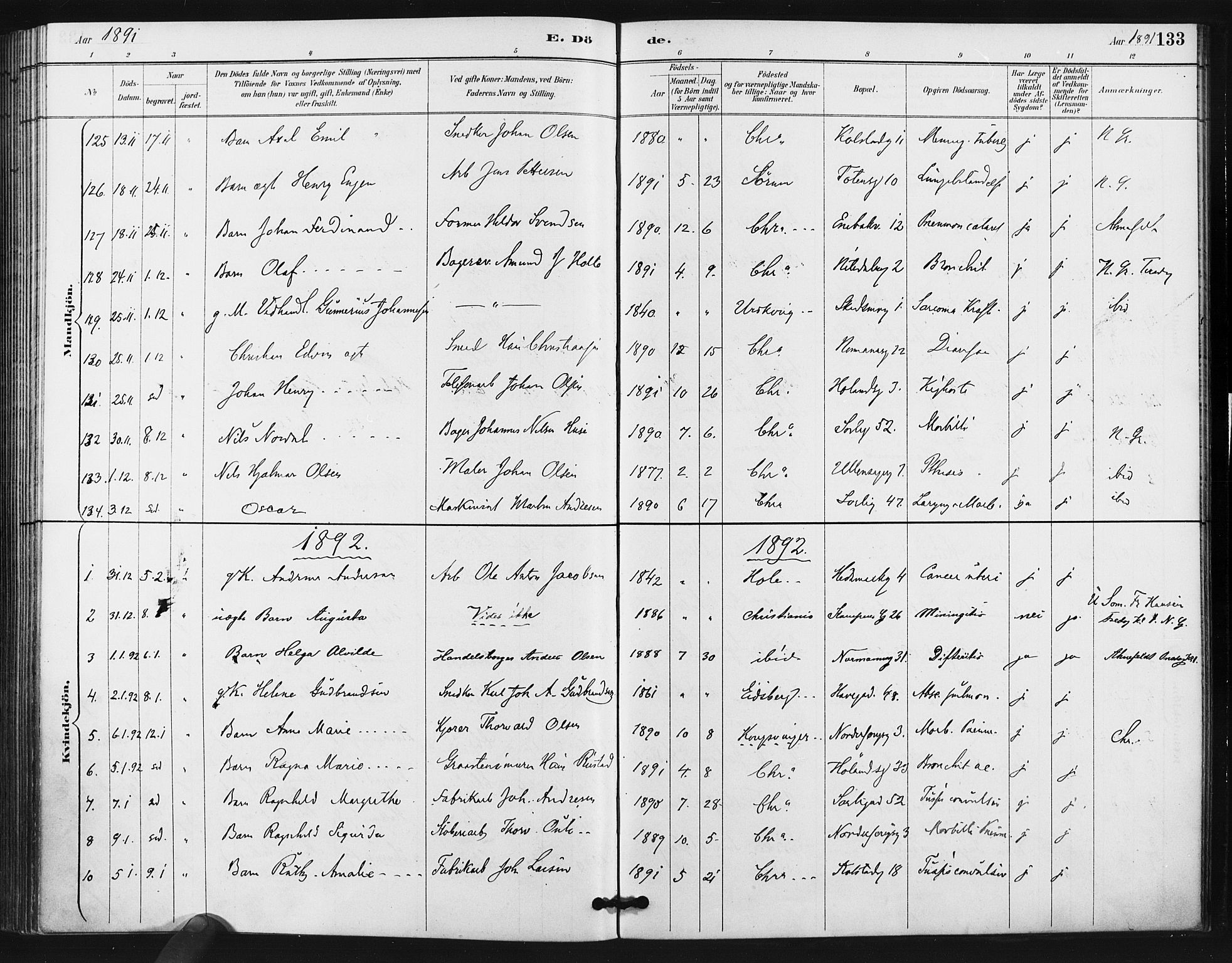 Kampen prestekontor Kirkebøker, AV/SAO-A-10853/F/Fa/L0006: Ministerialbok nr. I 6, 1889-1896, s. 133