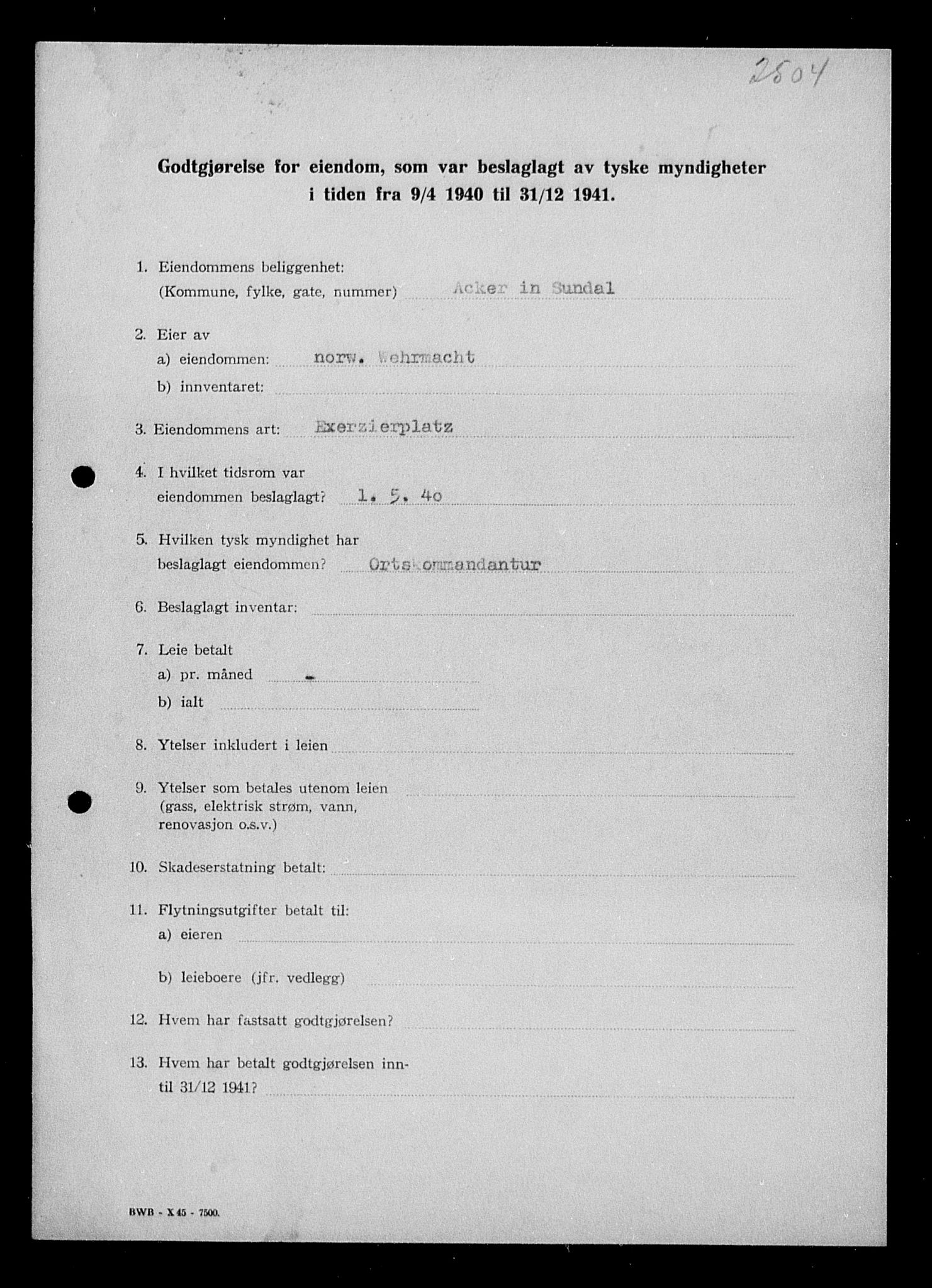 Justisdepartementet, Tilbakeføringskontoret for inndratte formuer, AV/RA-S-1564/I/L1019: Godtgjørelse for beslaglagt eiendom, 1940-1941, s. 94