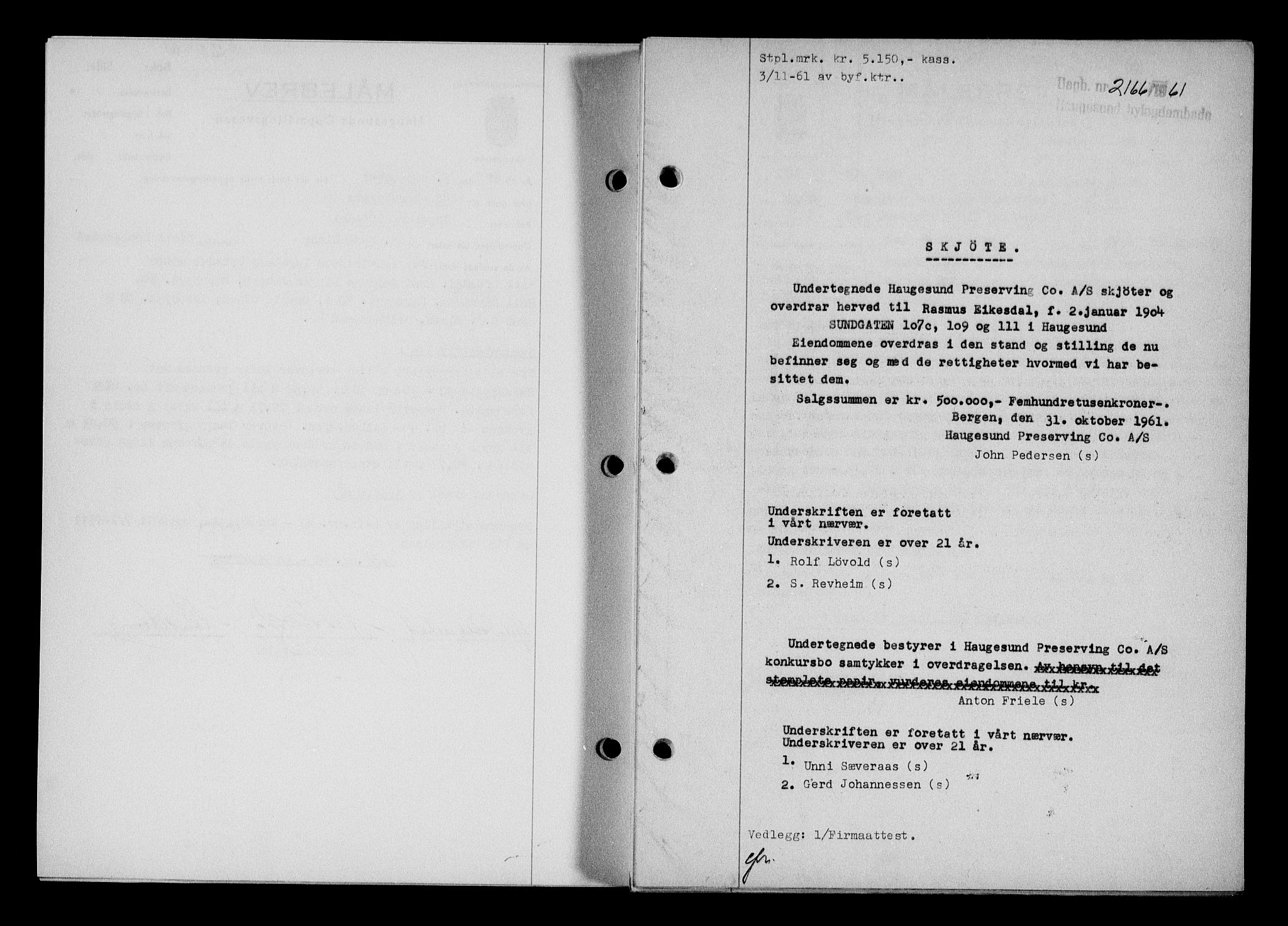Haugesund tingrett, SAST/A-101415/01/II/IIC/L0072: Pantebok nr. A 13, 1961-1962, Dagboknr: 2166/1961