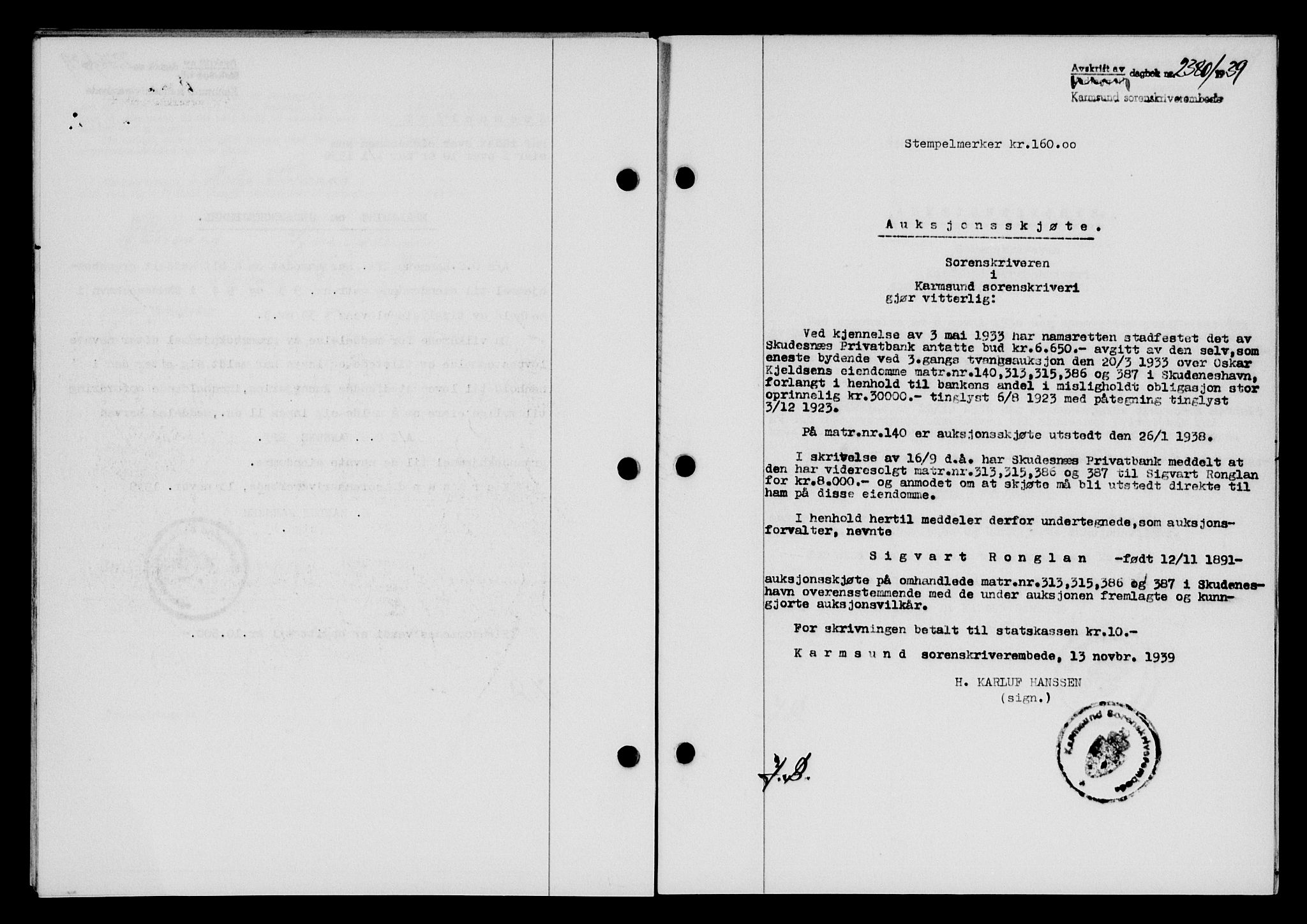 Karmsund sorenskriveri, SAST/A-100311/01/II/IIB/L0072: Pantebok nr. 53A, 1939-1940, Dagboknr: 2380/1939