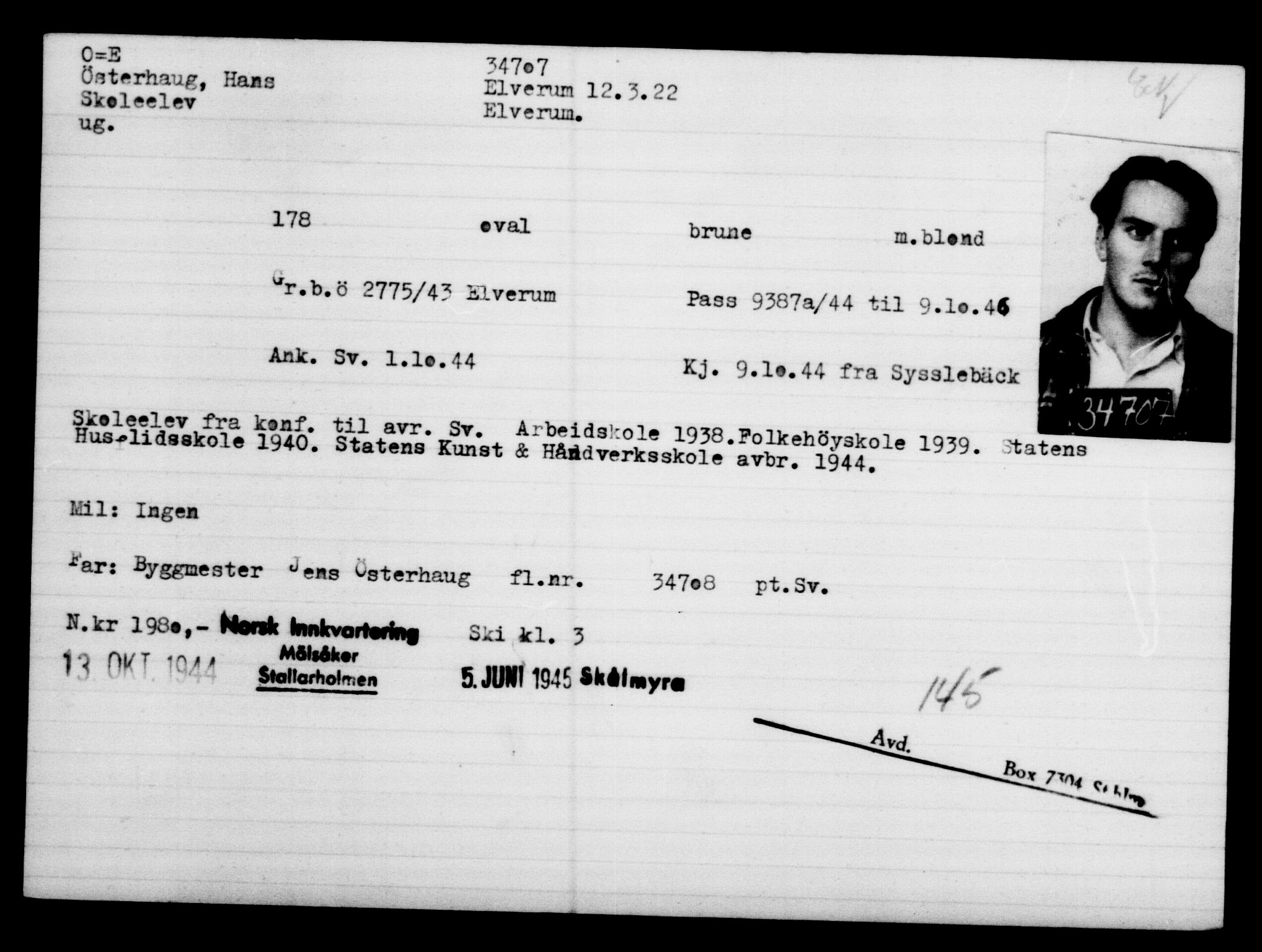 Utenriksstasjonene, Legasjonen i Stockholm, Flyktningkontoret, AV/RA-S-6753/V/Va/L0013: Kjesäterkartoteket, flyktninger med registreringsnr. 31500-34731, 1940-1945, s. 3380