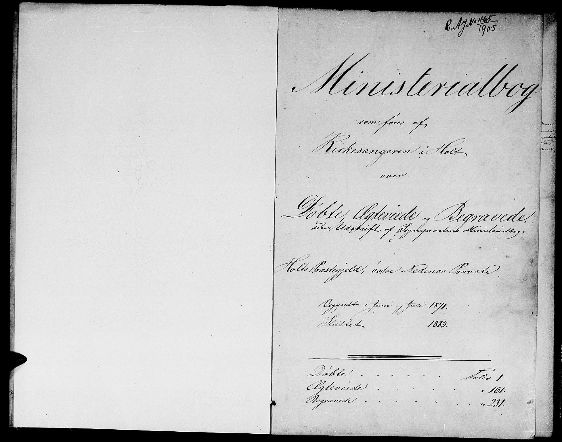 Holt sokneprestkontor, SAK/1111-0021/F/Fb/L0009: Klokkerbok nr. B 9, 1871-1883