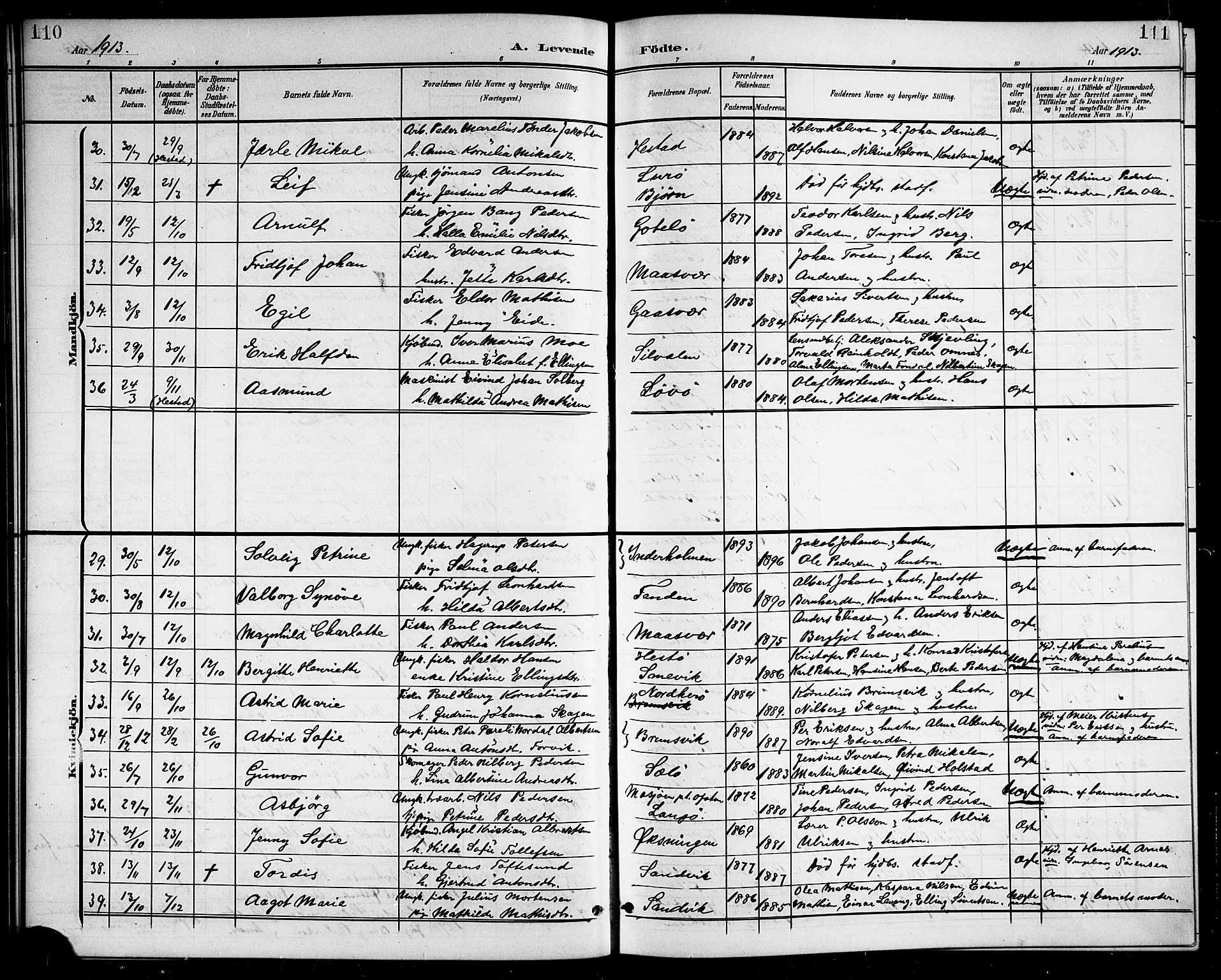 Ministerialprotokoller, klokkerbøker og fødselsregistre - Nordland, AV/SAT-A-1459/834/L0516: Klokkerbok nr. 834C06, 1902-1918, s. 110-111