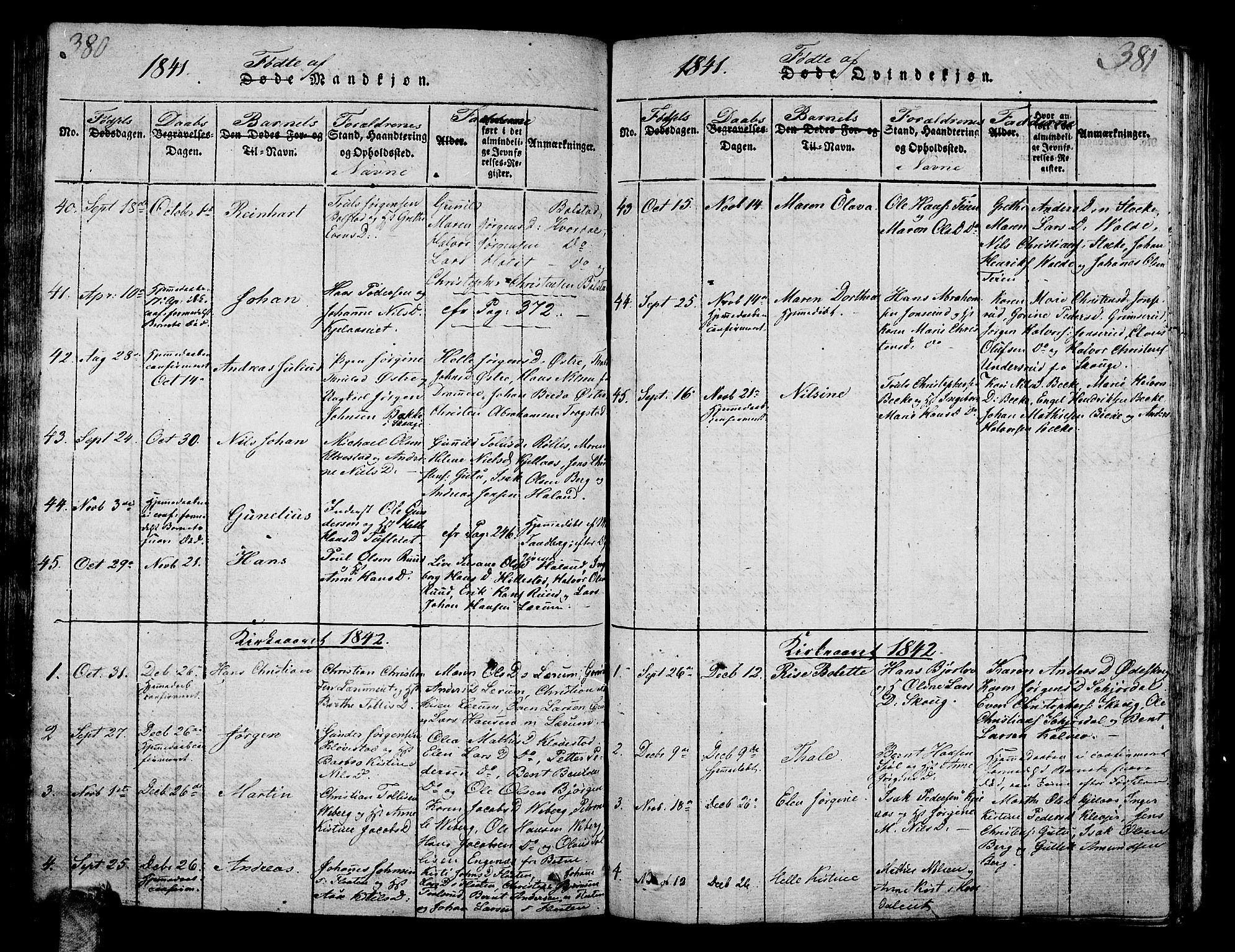 Sande Kirkebøker, AV/SAKO-A-53/G/Ga/L0001: Klokkerbok nr. 1, 1814-1847, s. 380-381