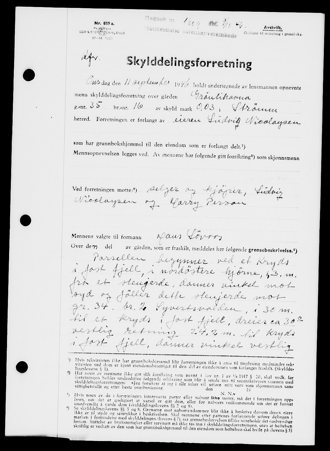 Holmestrand sorenskriveri, SAKO/A-67/G/Ga/Gaa/L0061: Pantebok nr. A-61, 1946-1947, Dagboknr: 1609/1946