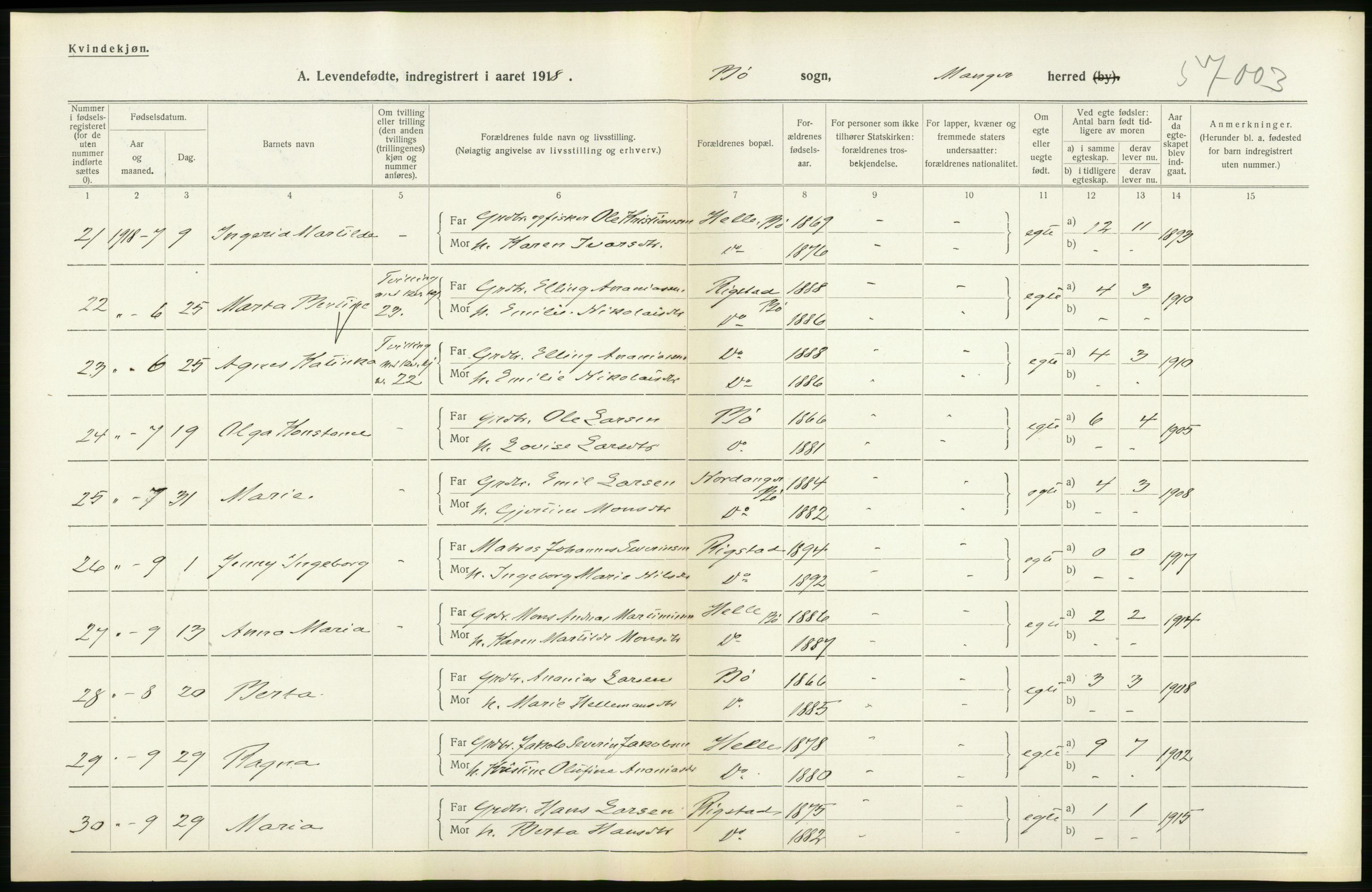 Statistisk sentralbyrå, Sosiodemografiske emner, Befolkning, AV/RA-S-2228/D/Df/Dfb/Dfbh/L0035: Hordaland fylke: Levendefødte menn og kvinner, gifte, dødfødte. Bygder., 1918, s. 254