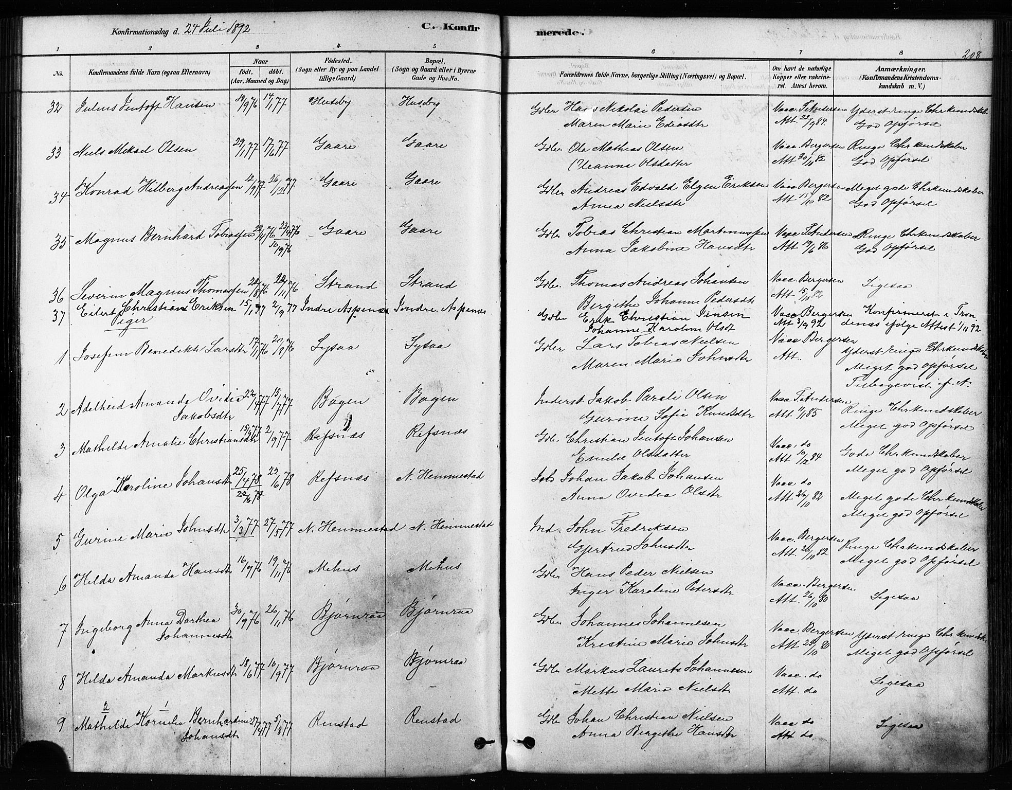 Kvæfjord sokneprestkontor, AV/SATØ-S-1323/G/Ga/Gaa/L0005kirke: Ministerialbok nr. 5, 1878-1894, s. 208